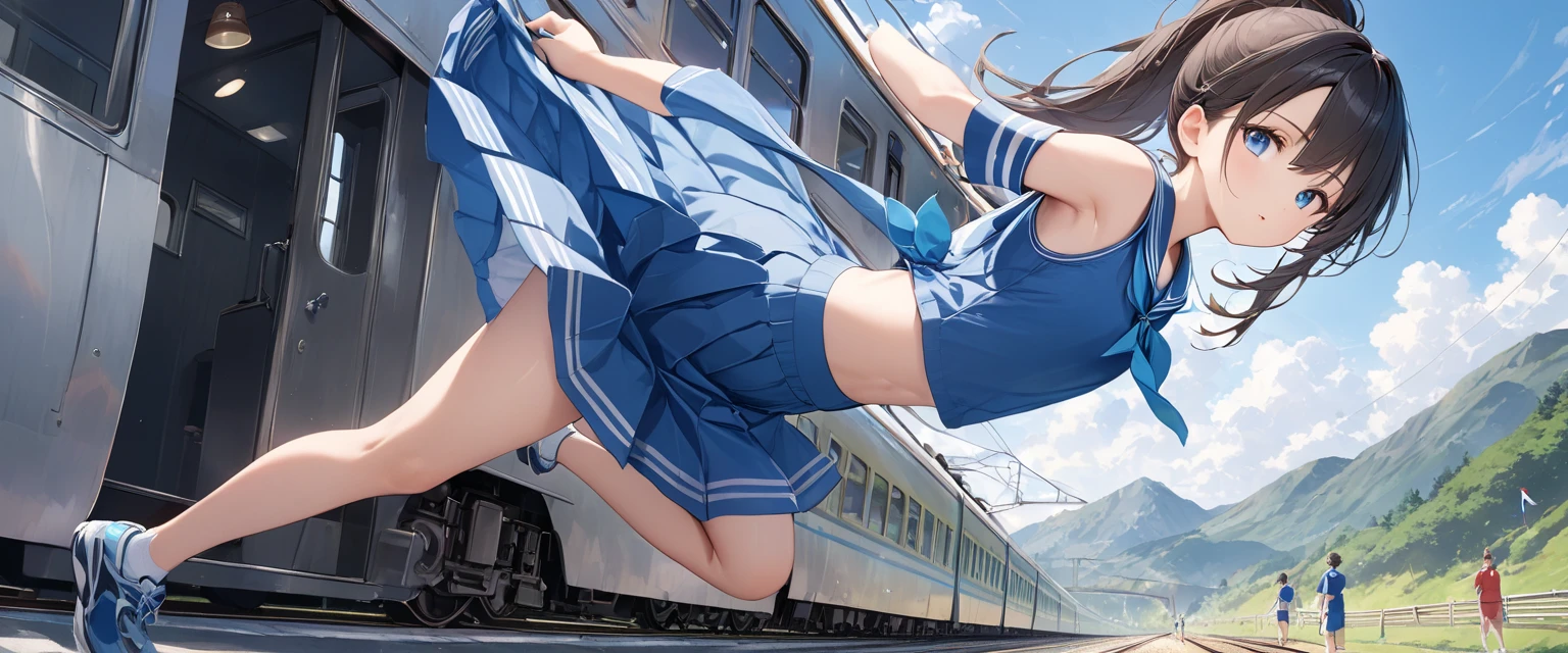 masterpiece, best quality, very aesthetic, absurdres, 2girl, standing_split, full body, standing_on_one_leg, ,by the railway,luminous butterflies, fluttering butterflies,