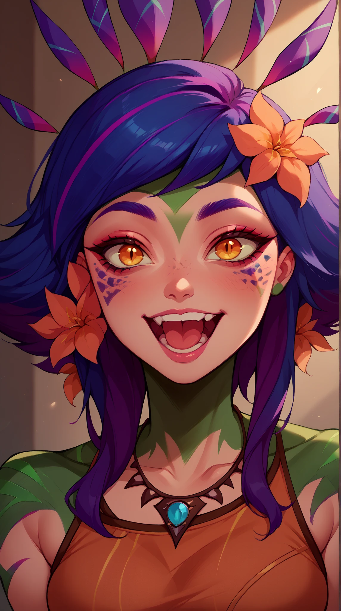 Tira3,purple eyes , short aqua hair , makeup, mole under eye, purple tattoos,  green lips,  smiling, upper body, leaning overs, looking at viewer, covered nipples, blushing, 
TiAttre, revealing clothes, green feathers, no bra, midriff, elbow gloves, cleavage, thighhighs, green footwear, fur trim ,
large lake, on wooden platform  on water, stone bridge,  cloudy,  
(insanely detailed, beautiful detailed face, masterpiece, best quality) <lora:TiraSC3:0.7>