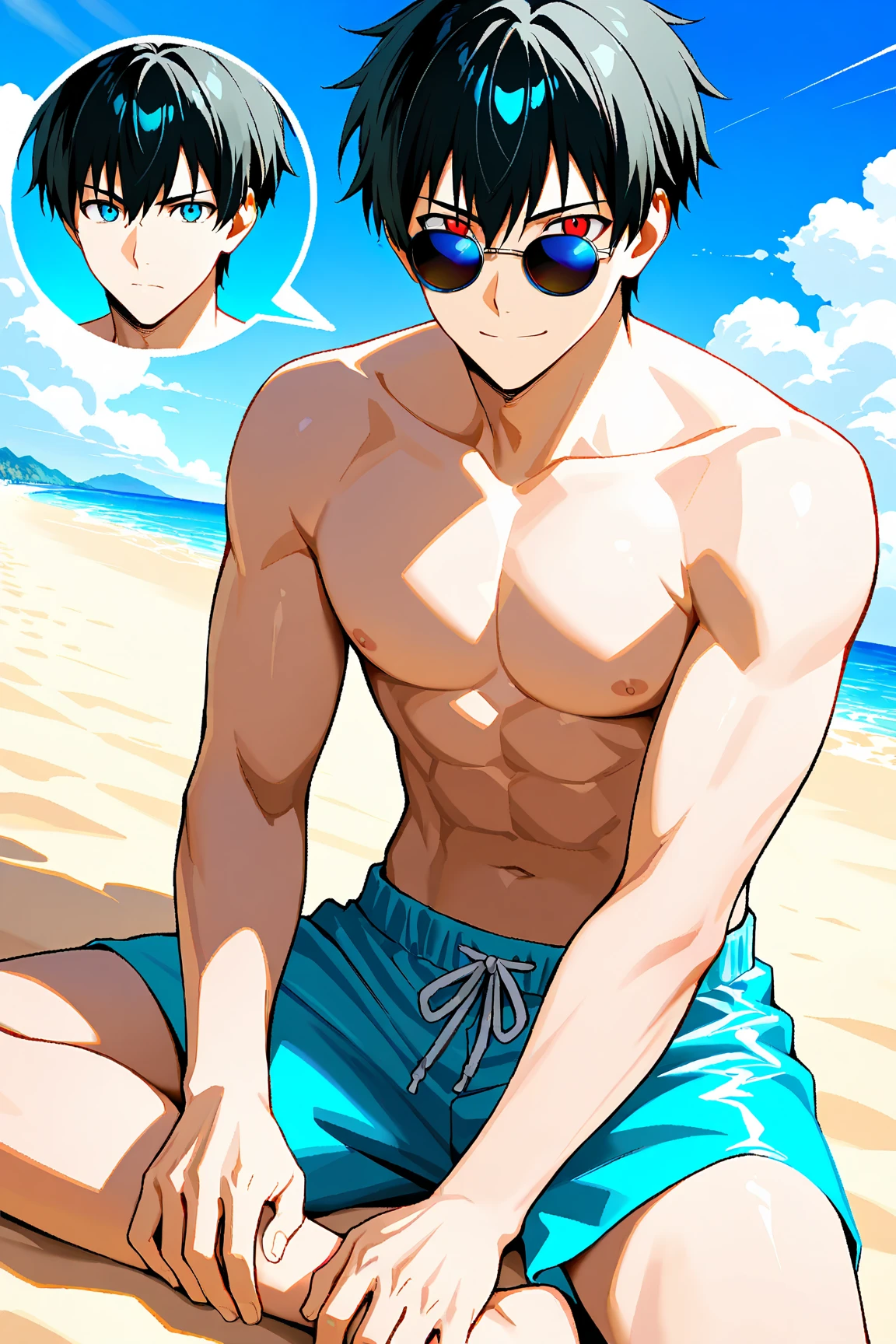 Absurdres masterpiece HDR high quality picture of Handsome boy , handsome face, detailed face, detailed hair, chubby boy, fat body, very Short hair, ((messy cut hair style:1 )) , anime eyes, light skin ,
topless , sitting comfortably on chair on a beach under umbrella , beautiful background, masterpiece scenery