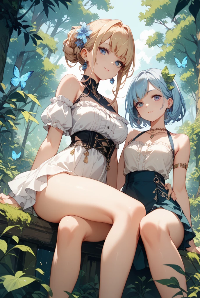 ((masterpiece)), ((highest quality)), (ultra high resolution,8K),(Ultra high fine mesh,4K), (Highly detailed CG integrated 8k wallpaper), (perfect anatomy,anatomically accurate), (Angle from below), Looking down, (((Sitting on a branch of a tall treeセクシーな魅力を持つ爆乳三姉妹)), (((Three sisters with big breasts faithfully reproduced)), (Sitting on a branch of a tall tree:1.5), beautiful butterfly in flight, (Surprised gesture:1.5), ((whole body)), (brown hair +1.2), blonde hair, (short bangs), (dynamic composition), High definition beauty face, (more beautiful blue eyes), (open your mouth), Wind, (wet body)), shiny skin, fine skin, thin hair, background, (Butterflies flying around a woman), (starry sky), forest, Pillar of Light, moonlight, Sparkling, (midnight, darkness), Shining six-pointed star, 夜Windの仕業
