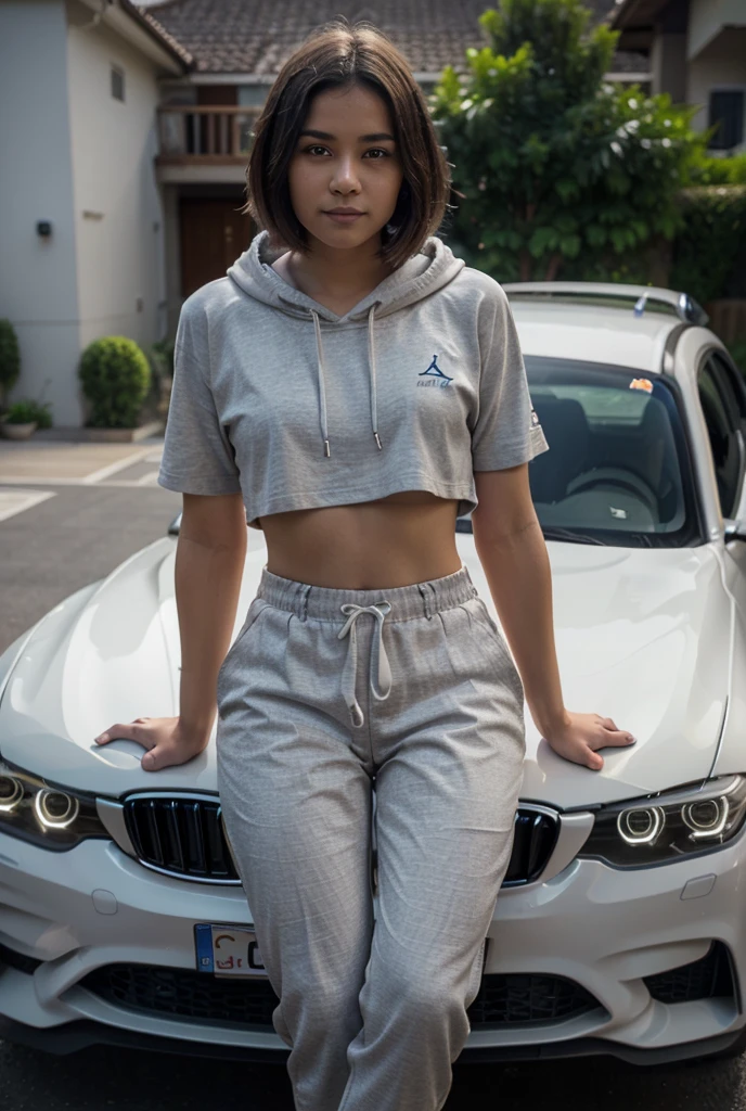 Create a hyper-realistic, cinematic 4K image of a 25-year-old woman named Lily Turner, an influencer from San Francisco focused on healthy living, fitness, and yoga. She has a mixed appearance with Venezuelan Latino features. She is 1.65 meters tall with an athletic and toned build. Her hair is abundant, wavy, and dark brown with natural highlights, styled loosely around her shoulders. She has an oval face with high, defined cheekbones, large expressive light brown eyes, and full, well-defined lips. Her skin is a light bronze tan, smooth and glowing.
Lily is leaning against an Audi R8, dressed in casual sporty attire from Nike. She is wearing a fitted Nike sports bra and high-waisted athletic leggings that accentuate her toned physique. Her posture is confident and relaxed, with one leg slightly bent and her arms either crossed or resting casually on the car. The Audi R8 is sleek and polished, positioned in a stylish urban setting with a hint of San Francisco's iconic architecture in the background. The lighting highlights her features and the details of her outfit, enhancing the realism of the scene.
The image should be taken with a 200mm lens, aperture setting of f/4.5, and ISO 1600. The artistic medium is color photography, with a focus on capturing the sleekness of the car, the texture of the clothing, and the vibrant urban background.