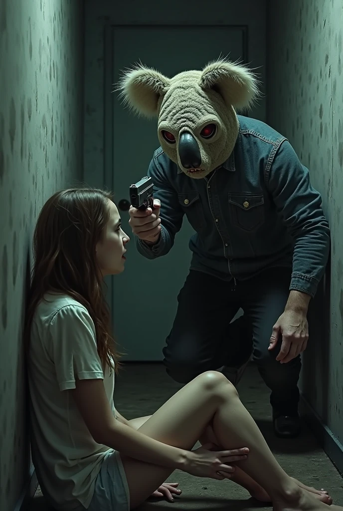(By Creepy Gun|By Delta.dynamics:0.5), Best Quality, 1 girl, women, Place, scp-1471, mammal, three quarter portrait (Wearing a sleeveless white T-shirt, Prison orange monkey lowered), Front view, Looking at the standing viewer