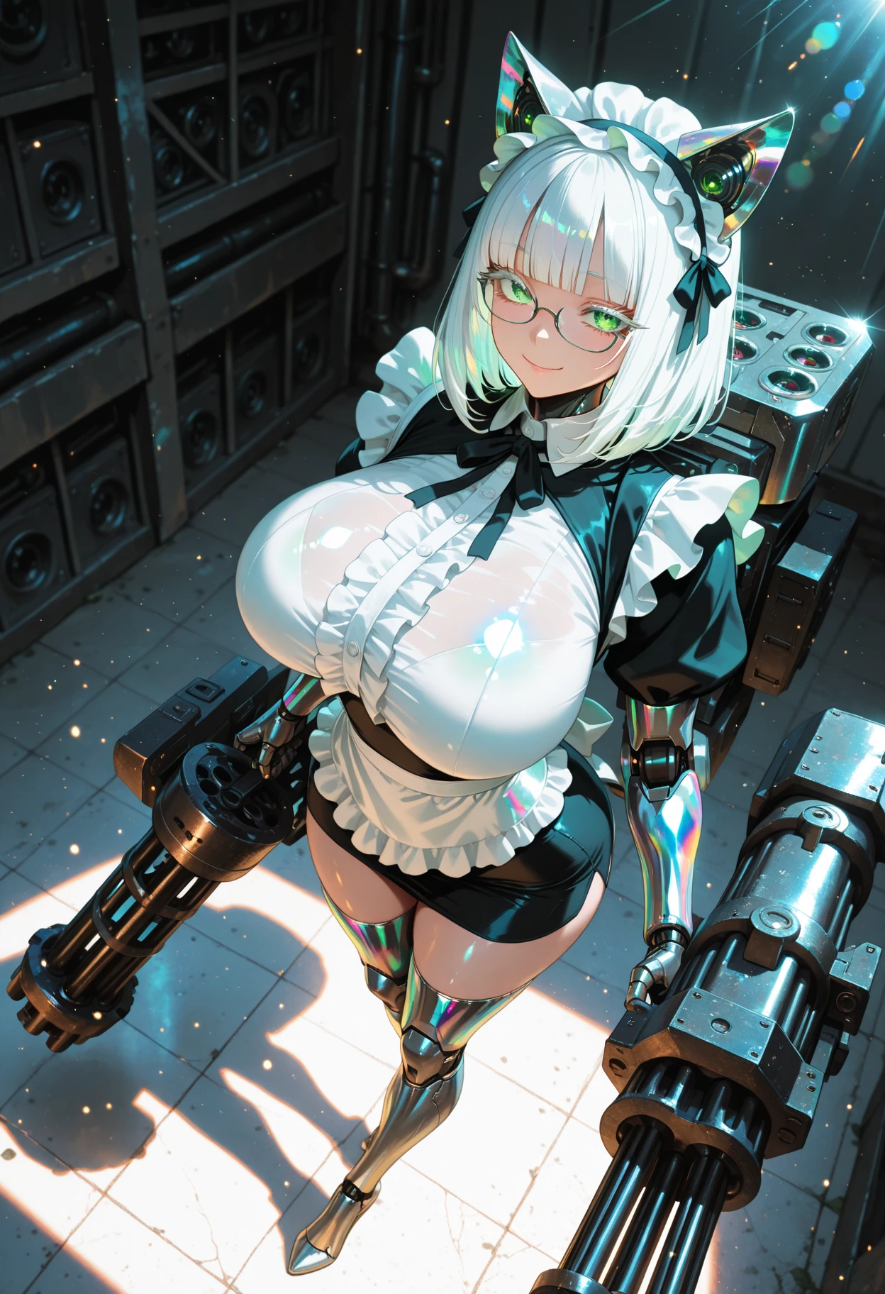 (8k, Realistic, RAW Photos, Highest quality, from directly below, View your viewers: 1.3), (Fox Girl, Fox Ears, One Girl, Alone on the screen, dark skin, High definition, (boyish, Silver color very short hair), (Silver and blue odd eyes):1.4), とてもbeautiful, (Realistic Face), (maid apron, Clothes that are mainly black with red accents, Long skirt, Clothes with an open chest, (Mechanical leg suit, mecha musume):1.5), (Body measurements: 88-55-77!, Height is 145 cm, Nice body, Big Breasts, skirt hold, slender, Accentuate the cleavage:1.6), Standing posture, A brilliance that captivates the viewer, beautiful expression, beautiful breasts, (Realistic Skin), beautiful...
