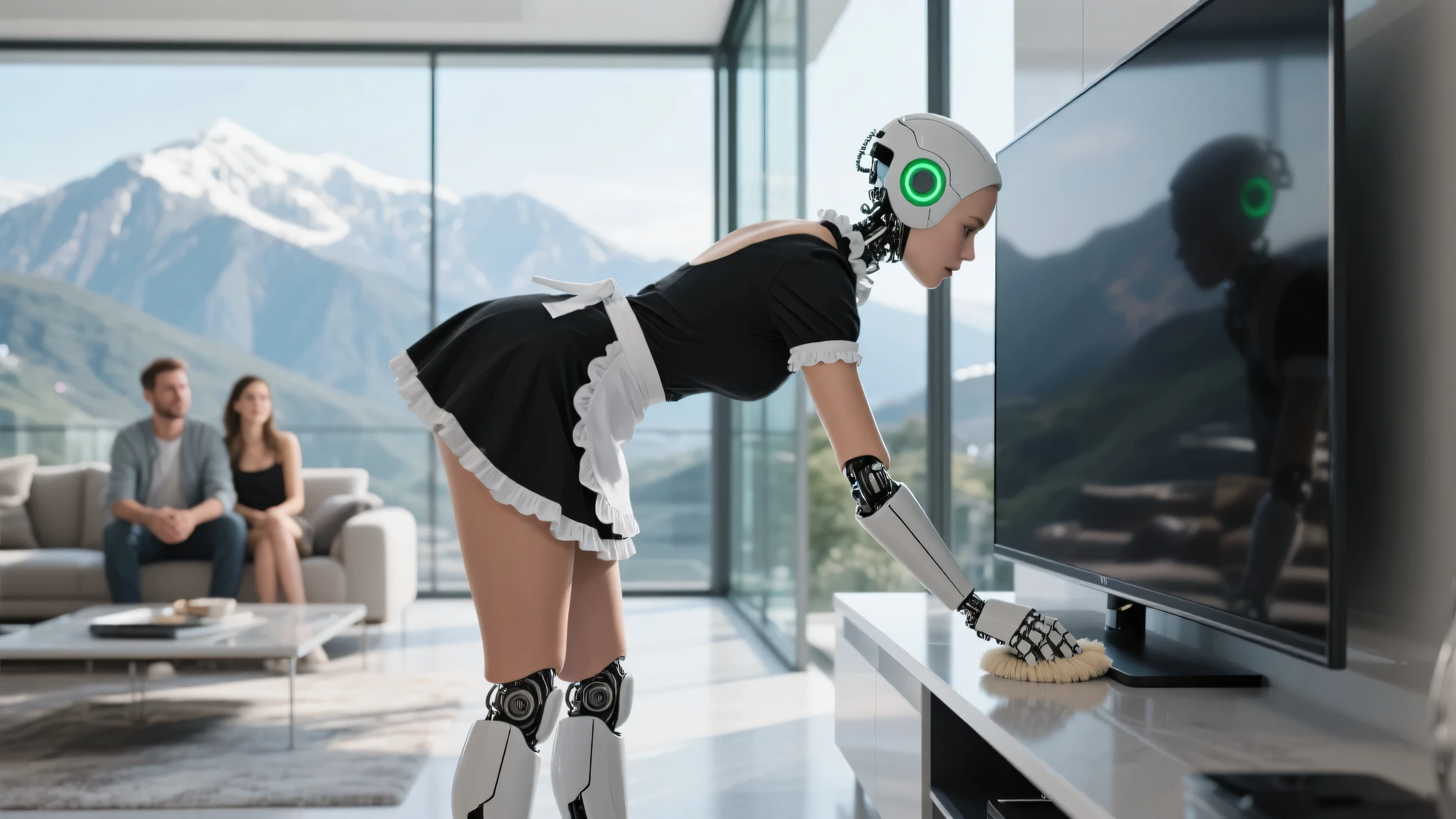 A sexy robot maid is cleaning the living room, viewed from behind