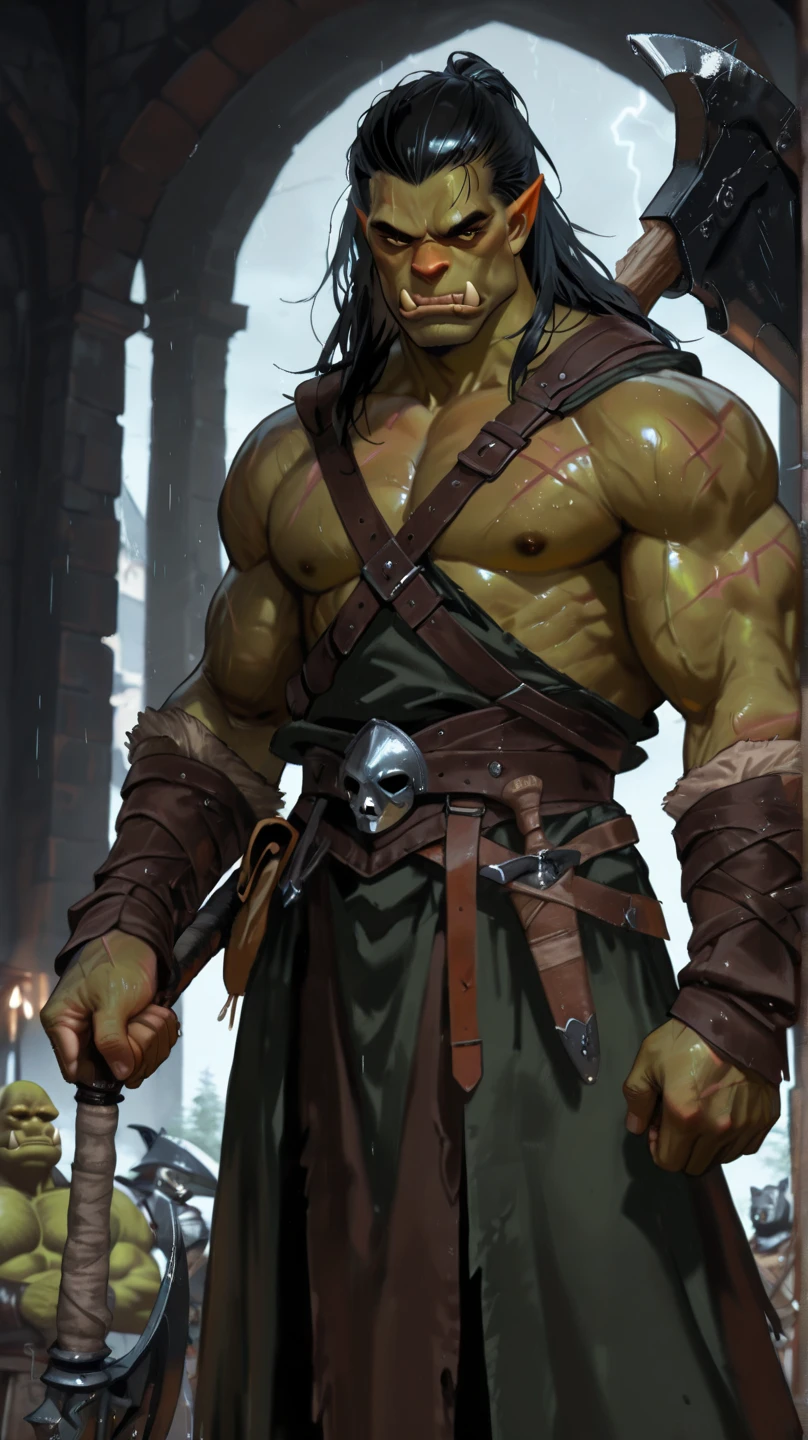 1man, male, orc, green skin, orc skin, red eyes, black hair, long hair, beard, braided beard, hooded, sexy, skimpy, shaman