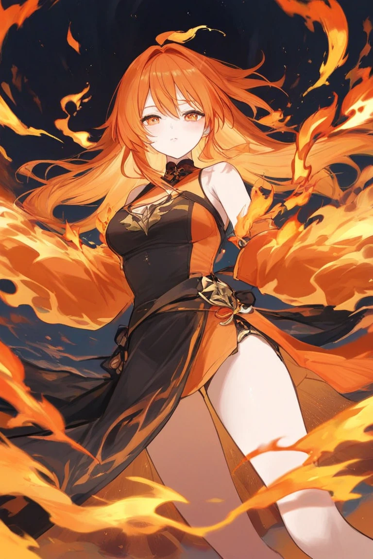 "1 person, Goddess, girl with orange hair and fox ear, red eyes, wearing red white orange kimono, Complex and gorgeous anime CGI style, , full-body fantasy of fire magic, Anime girl walking on fire, big breasts, smiling, tights, standing cross-legged, fox with her , ethereal fantasy, victorian era, fire elements, splash art, side view,solo (full HD 4K+ image)"