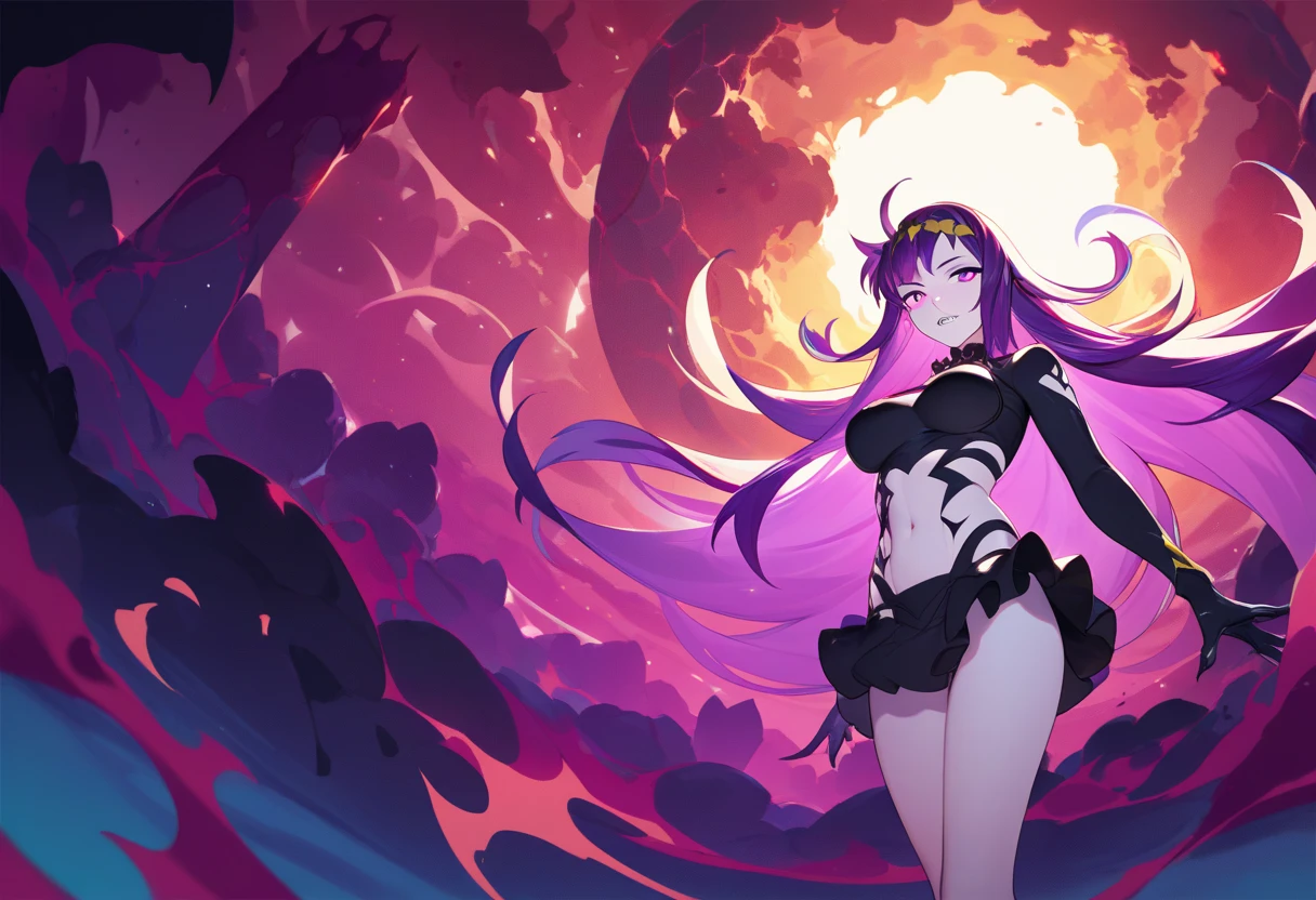 Vibrant, high-definition anime-style illustration set on a tropical beach. The layout features a central female character, Narmaya, with long pink hair, partially covered by a hooded cloak adorned with brown horns. She has fair skin, large expressive blue eyes and pink pupils, and a small blue butterfly hair clip. One eye is covered by her hair. The character is wearing a revealing black bikini with gold accents, and her hands are holding the edges of her cloak. The background showcases a pristine beach with white sand, lush green foliage, and tall palm trees. The clear blue sky and turquoise ocean complete the idyllic setting, with distant islands visible on the horizon. Narmaya and her attire are meticulously detailed. The intense effort put into shading brings this image to a realistic style. Gorgeous vibrant colors draw the eye. Narmaya's suggestive stance brings the viewers focus to her large and perfectly shaped breasts. The image is both magical and erotic.
(masterpiece), best quality, expressive eyes, perfect face, suggestive pose, purple and pink background, seductive, fantasy, 8k, absurdres, narmaya, pink hair, blue eye with pink pupil, hair over eye, draph, horns, butterfly hair clip, black bikini, hood, defined hands, perfect hands, perfect fingers,