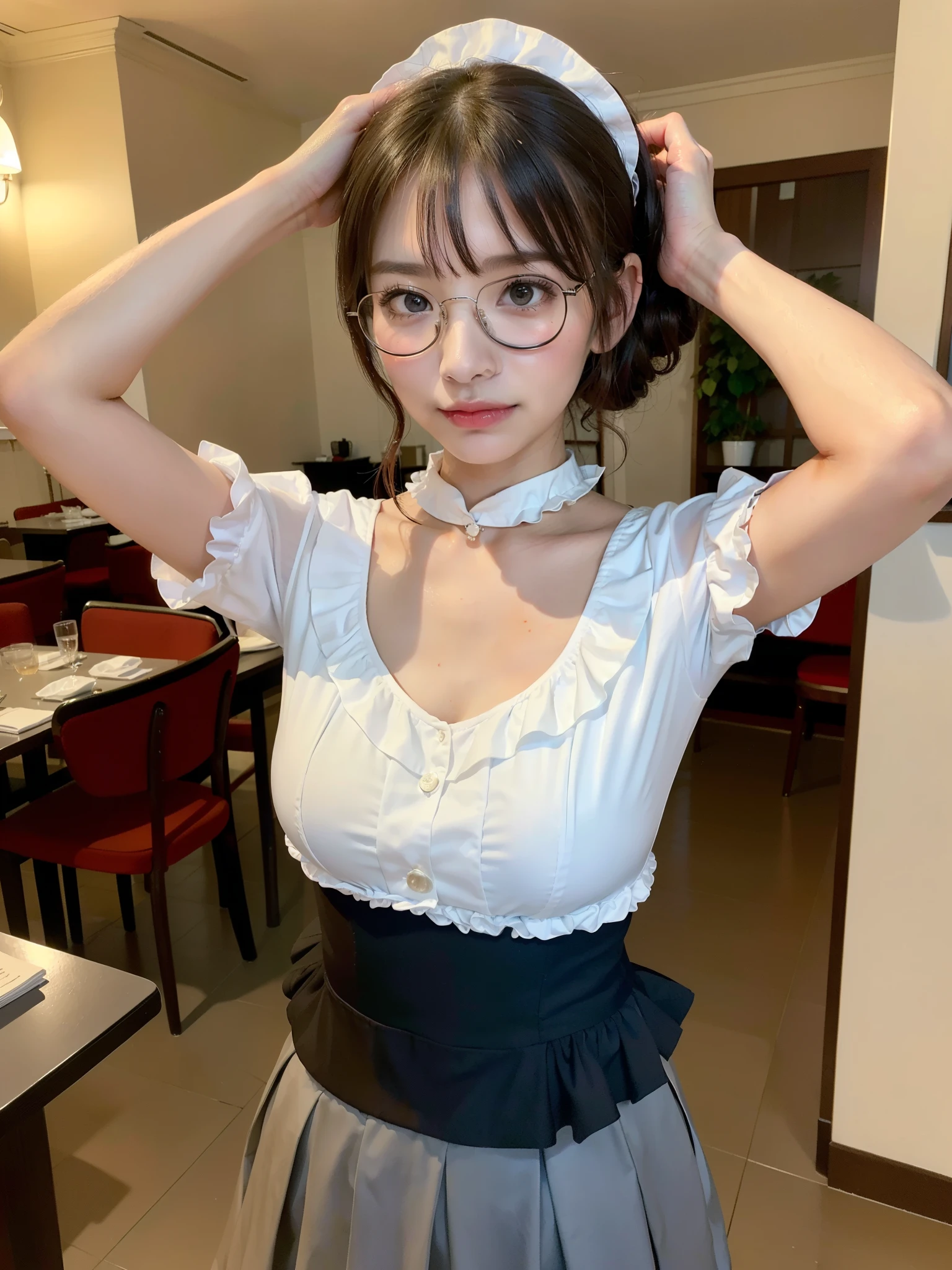 (8k, RAW photo, best quality, masterpiece, ultra detailed, beautiful:1.2), (realistic, photo-realistic:1.5), sharp focus, depth of field, blur background, bokeh, soft light, close up,
1 Japanese beautiful actress with fake glasses, solo, random stylish fake glasses, 18 years old, (extremely detailed face, ultra detailed brown eyes), symmetrical eyes, even eyes, (detailed deep black hair:1.1), (detailed pale skin, skin texture), naughty smile, looking at viewer, (cafe waitress outfit, solid black apron: 1.2), (leaning forward, spread legs, apron hem lift: 1.2), perfect anatomy, half undress, taking off clothes, (panties peak, lingerie peak:1.2), sexy pose, sexy body, cafe