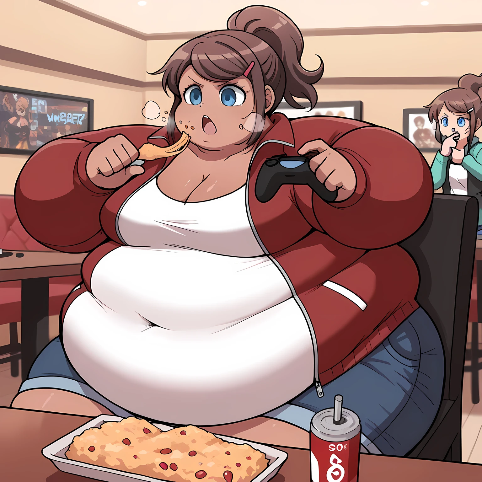 score_9, score_8_up, score_7_up, source_anime, aoi asahina, short hair, bangs, blue eyes, brown hair, hair ornament, ponytail, hairclip, dark skin, dark-skinned female, large breasts,, shirt, long sleeves, cleavage, collarbone, jacket, white shirt, open clothes, shorts, hairclip, open jacket, red jacket,, living room, video game, controller, competitive, fun, afternoon, , , hand showing a thumbs down, solo,, cowboy shot, dutch angle fat, chubby, obese, gigantic arms and legs, large breasts open mouth, out of breath, eating food, in front of tones of food, sitting, indoor, restaurant, pov belly, chair, table, from behind, pov belly,
