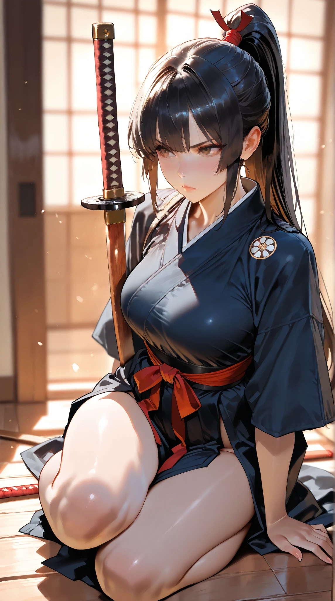 best quality,1girl,((big breasts:1.5)),((((loli,10 years old,,little girl:1.3)))),curvy,??????,ahegao,blush,blue eyes,black hair,long hair,((two side up:1.1)),((miko,red hakama,mini skirt,thighhighs:1.1)),lift skirt,???????,white panties,lace panties,((battoujutsu stance,weapon)),Japanese sword,shrine,shrine