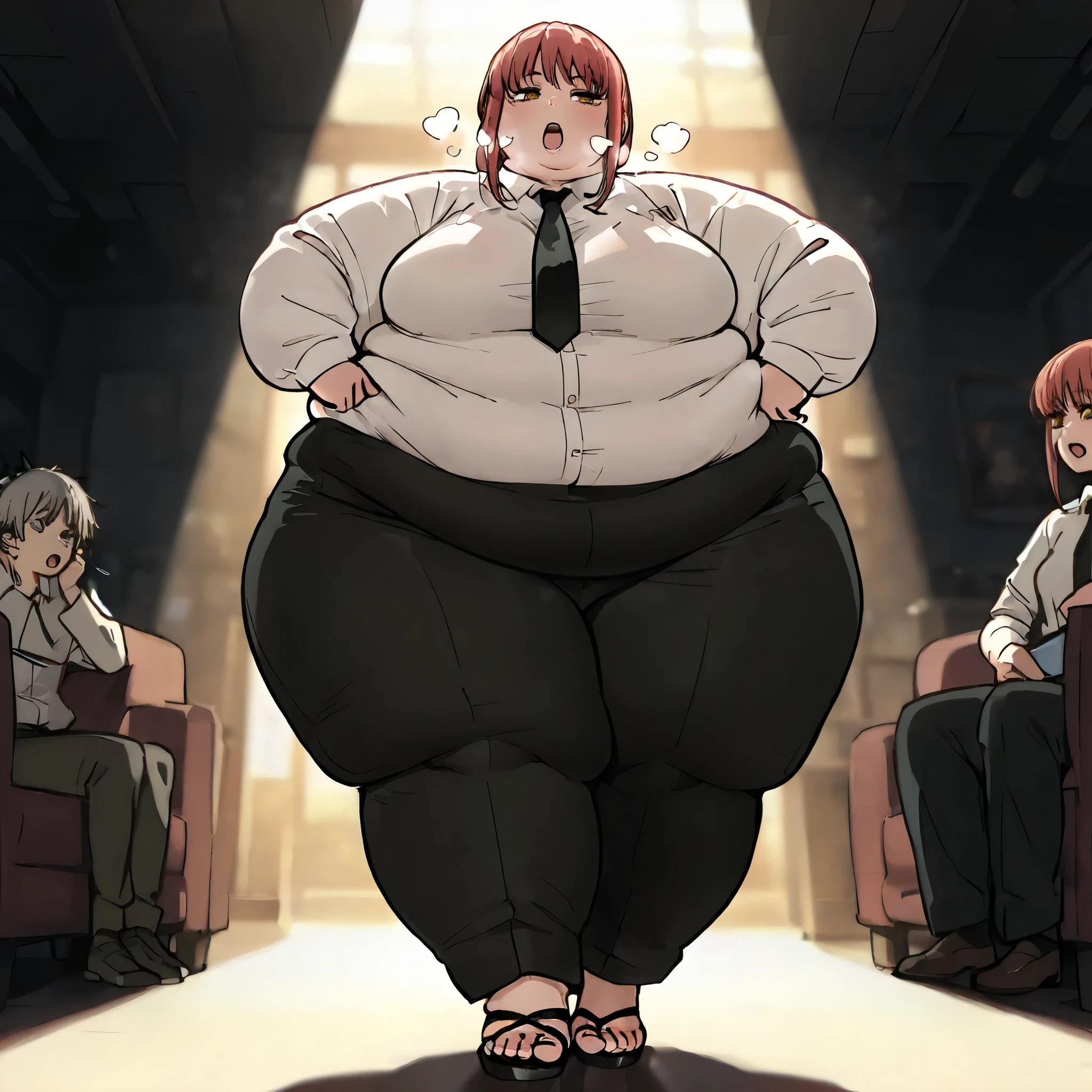 masterpiece, Elegant woman, big ,H cup,glamorous,makima (chainsaw man), tall, White Shirt, collared shirt, black tie, dynamic lighting, Super Detailed, Hi-Res, very high resolution,Beautiful legs,long legs,I can see all the way to my toes,is standing,Black Pants fat, chubby, obese, gigantic arms and legs, large breasts open mouth, out of breath