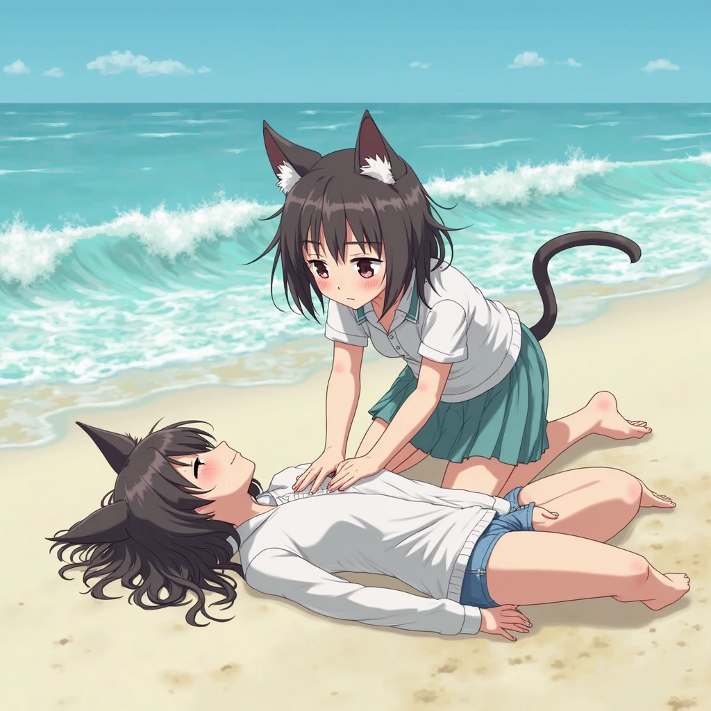 Anime cat-eared girl in school swimsuit sitting on the beach, beautiful anime girl, Makoto Shinkai and artgerm, charming anime cat-eared girl, (anime cat-eared girl), Kantai collection style, (white school swimsuit),small breasts,Makoto Shinkai art style, beautiful anime cat-eared woman, marine Kitagawa fan art, high quality anime art style, Cute anime girls, 4K manga wallpapers