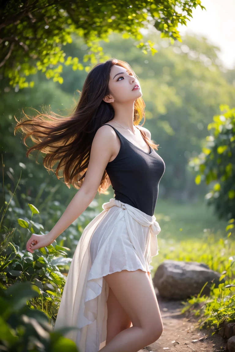 （best best quality，8k，32k，master masterpiece，UHD：1.2），Photo of PrettyJapanese woman，Medium hair，（Shying：1.2），（Sorrisos：0.9），（Looking Away：1.2），（beautiful detailed dress，Talent long skirt：1.2），White lace panties，（wind lift：1.9），arms down，the whole body，aeolian，standing a，（Blur background：1.5），aeolian，（There is only one woman：2）