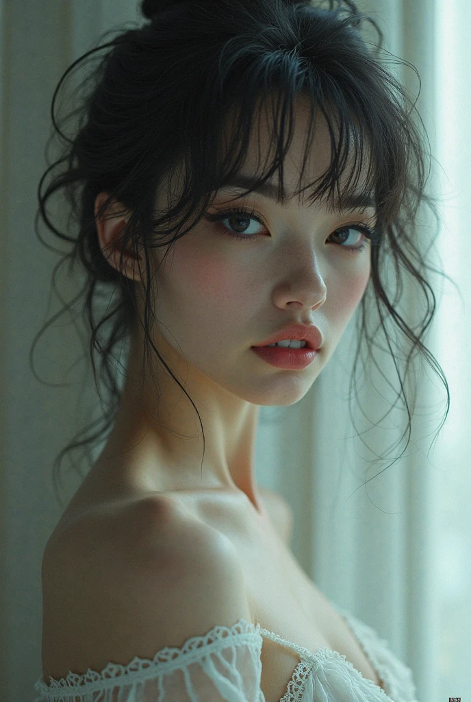(hyperrealistic), (illustration), (high resolution), (8K), (extremely detailed), (best illustration), (best quality), (ultra-detailed), (masterpiece), (wallpaper), (photorealistic), (natural light), (1girl:1.52), (solo:1.51), (beautiful detailed eyes), (detailed beautiful face), (high detailed realistic skin texture), (anatomically correct), (high detailed realistic hair), (caramel hair:1.35), (heterochromic eyes), (detailed eyes), (blue eyes:1.37), (sparkling eyes), (realistic big breasts:1.5), (slender abs), (dynamic modelling pose), (closed tiny mouth:1.3), (concentrated expression), (upon body from head to thigh:1.54), snow-covered palace,winter wonderland,crown of ice,sparkling snowflakes,ethereal beauty,snowflakes swirling around,snow-covered trees,gorgeous snow queen,glowing ice shards,powdery snow,snowflakes glistening in the sunlight,majestic and graceful presence,snow-capped mountains,icy breath,hint of blue and silver in the color scheme,dramatic lighting,soft snow falling,queen's regal gown,subtle shades of white and blue,icy palace walls,crystal-like skin,photograph, photogenic, bokeh, cleavage, bare shoulders