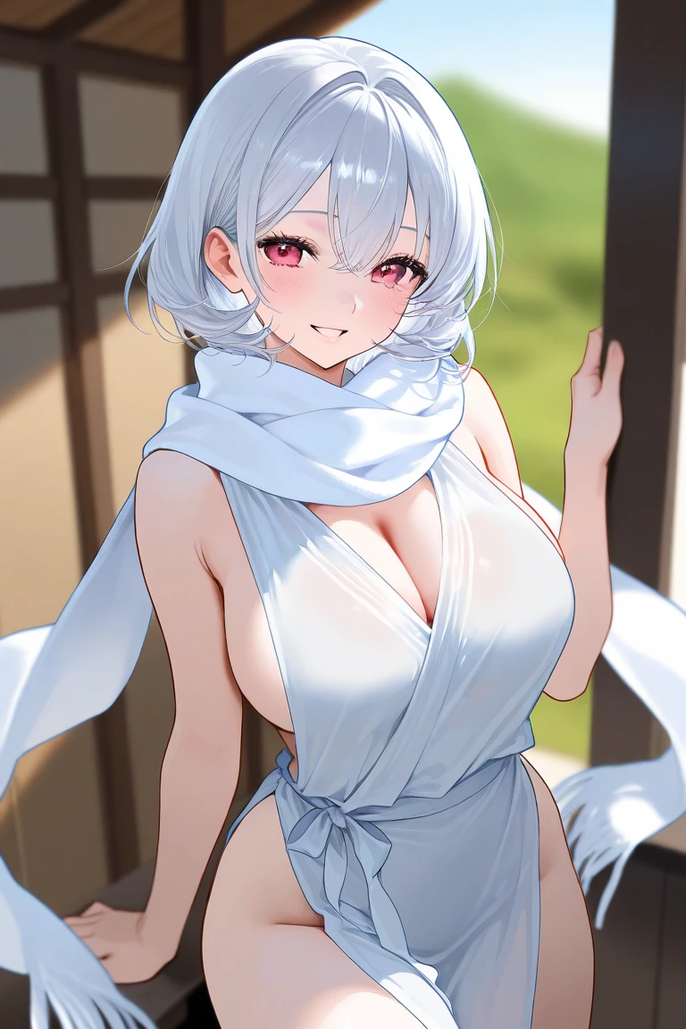realistic, 1girl, ponytail, parted lips, blush, makeup, light smile, white hair, sportswear, skirt, wet clothes, glow, thighs, purple eye, bare shoulders, collarbone, narrow waist, sunbeam, sunlight, rose, wind, cleavage, (masterpiece), sweat,