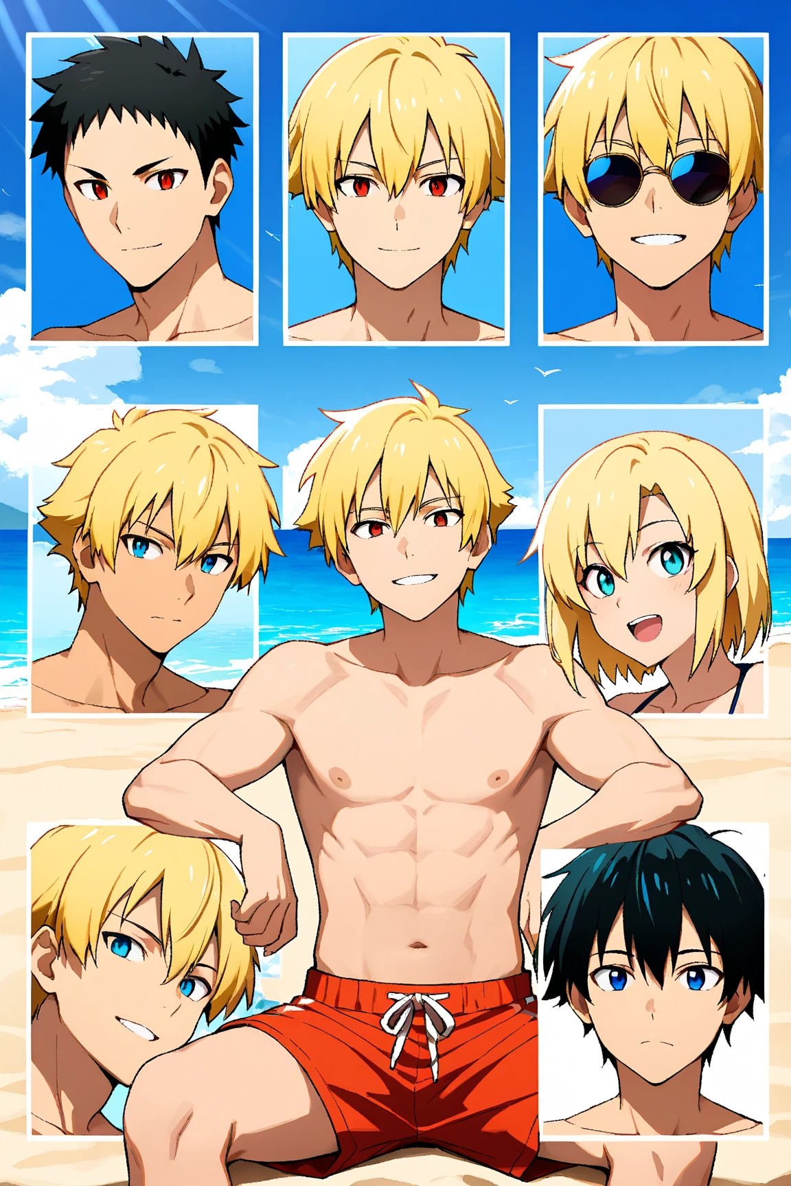 (One boy:1.4), (very short hair), Crew Cut, (alone:1.4), SFW, (bulge:0.4), Male characters, ((masterpiece)),
Multicolored background, Hair between the eyes, Eye highlights, (Blonde:1.4)
(Blue rash guard :1.1), (hot pants:1.2) , Colorful eyes,  Male characters, Male Focus,
Multiple details, null, Ocean, Beach , outside, short hair, good looking,  Beautiful Eyes (Vocaloid), Delicate features, Eye highlights, (Narrow jaw:1.5), Triangular chin, (Introvert:1.6)
, young, juvenile, short hair, Male face, Detailed beautiful little boy, Adorable boy, Sparkling eyes,
Wicked Smile,  Cheerful eyes