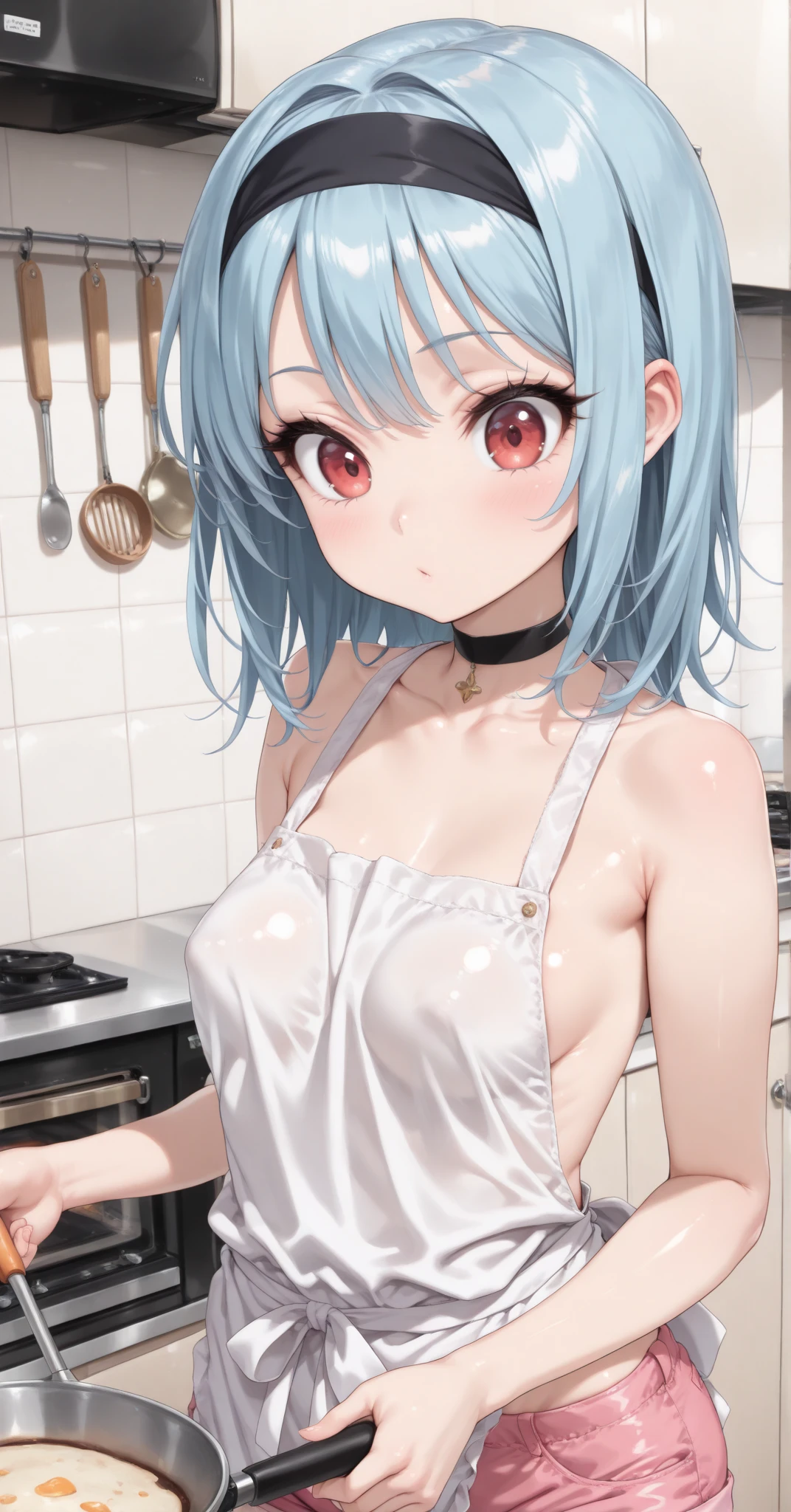 masterpiece, best quality, 1girl, solo, silver hair, twintails, 10yo, (petite),
 seductive smile, tongue out, sitting, naked apron, nipple slip, bare small breasts, kitchen,