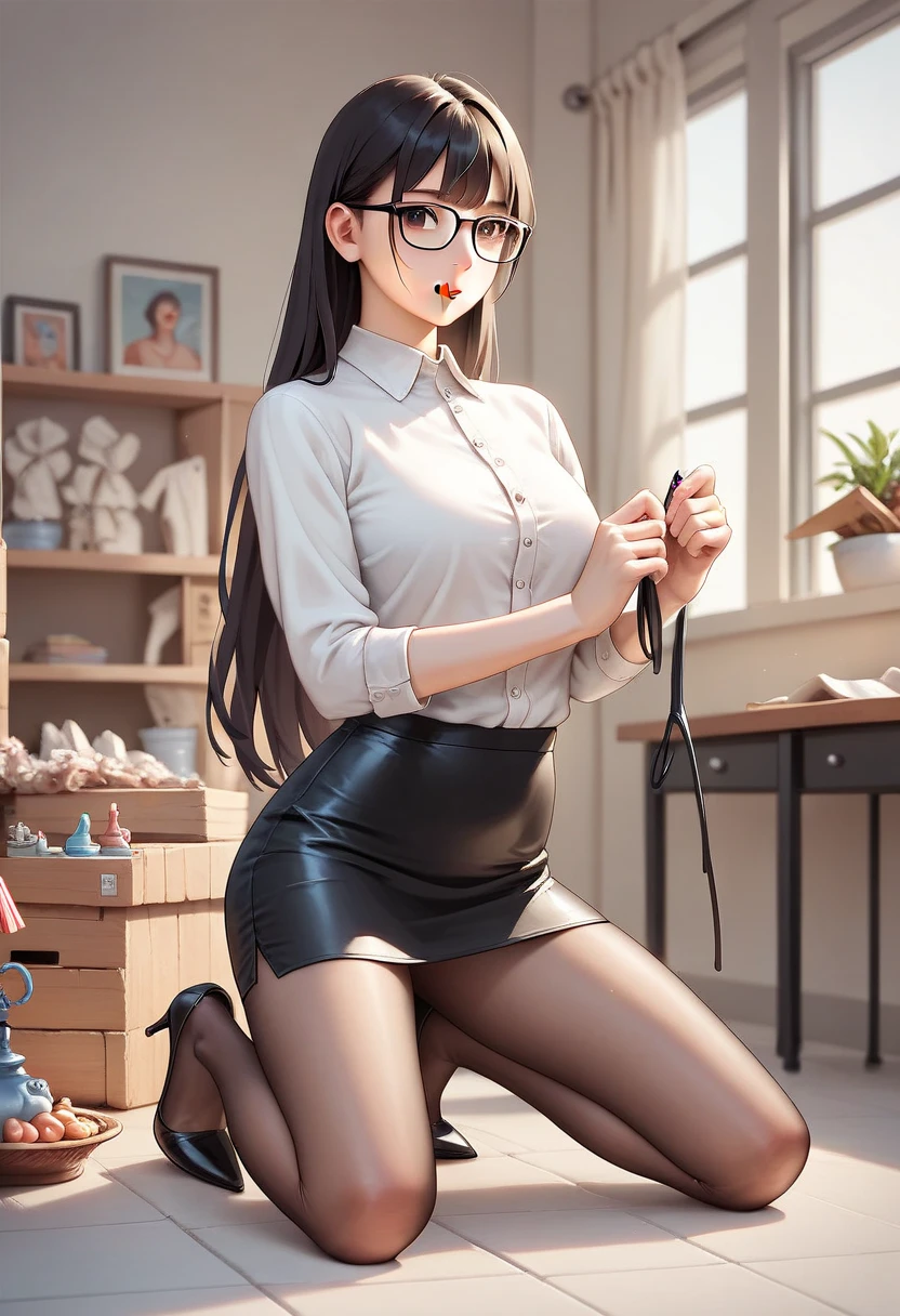 ((best quality)), ((masterpiece)), (detailed), 1 thinny girl, slim wist, perfect face, Aesthetic sexual, very huge , very short leather skinny skirt, withe wet shirt, black stockings, long hair, glasses, hands raised on her head, (spread legs)