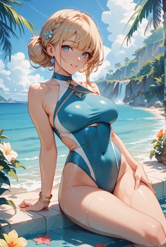 ((((ultra illustrated style:1.0)))),Best Quality,best animated,masutepiece,Ray tracing, Global Illumination,fril swimsuit,Head,1girl in,Solo, Looking at Viewer,Standing, Outdoors, Cowboy Shot,Hands on hips,