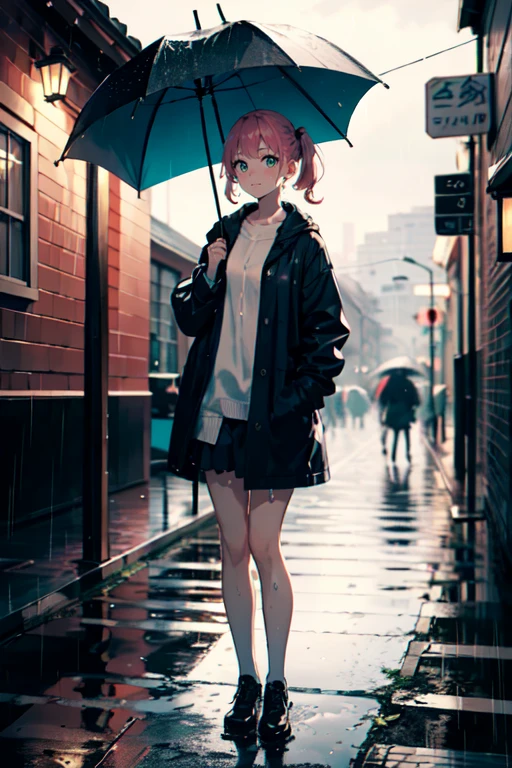 1woman, solo, pink hair, gray eyes, detailed eyes, eyelashes, light lips, 25years old, ((she's holding an umbrella)), squatting, raining, residential area with sunshine, Accurate depiction