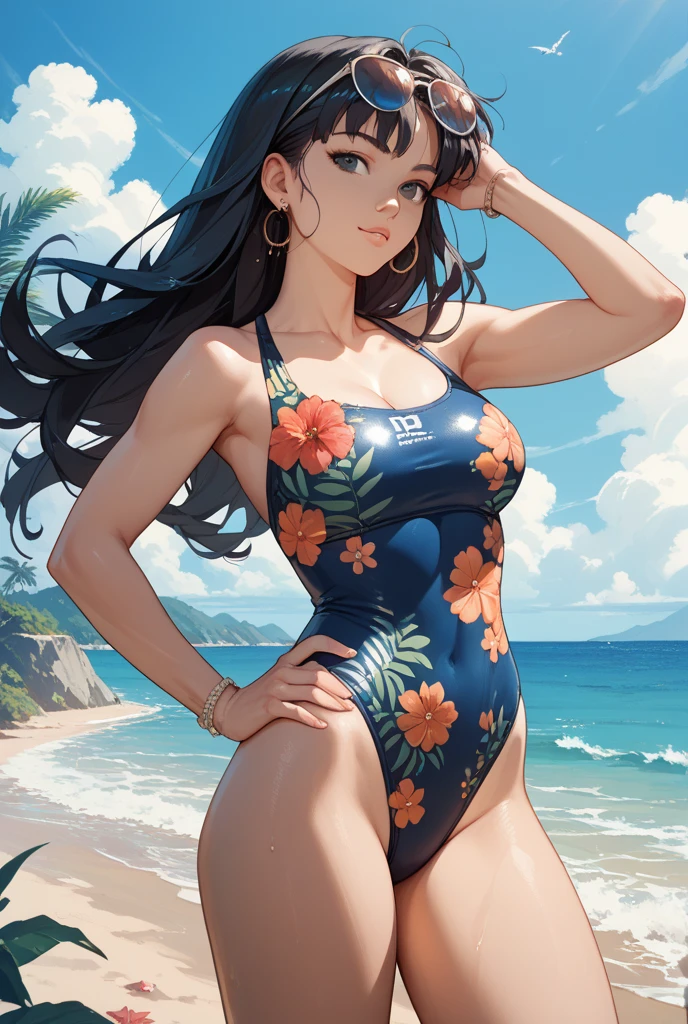 (best quality, masterpiece:1.2), perfect body, huge breasts, attractive woman, purple and orange striped swimming suit with bow on top, cute, beach, sea, sky, city skyline, elaborate details