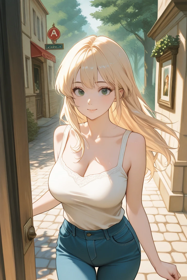 look back, (outstretched hand:1.3), Biologically correct five fingers、Cleavage、Upper Body, Realistic, real person, (pale skin: 1.2), RAW photo, photorealistic, shiny skin, shiny hair、(A 25-year-old woman with medium-length hair and bangs) and (wavy hair) and (Blonde Hair) and (green eyes) , BREAK (white) and (off shoulder blouse) BREAK 、(sad:1.2), The background is a shopping street、Alone、Are standing
