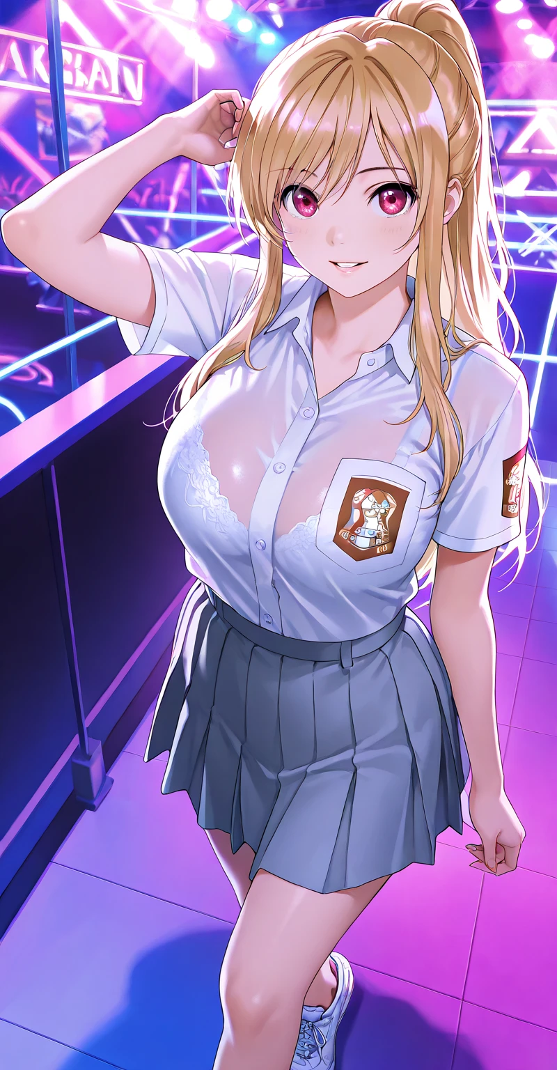 (8k, RAW Photos, Highest quality, Learning:1.3),(Realistic,photo-Realistic:1.37),(night),(The audience watching:1.331),(Gray Hair),Pause,Tokyo Street,nightcityscape,Cyberpunk City,Soft Light, One girl, Very beautiful face, Perfect Body Proportions, focal distance, bust, casual hairstyle, smile, Big eyes, (short sleeves ＪＫ_shirt), ＪＫ_style, (navy ＪＫ_skirt), (bow ＪＫ_tie), Mix 4, Detailed eyes