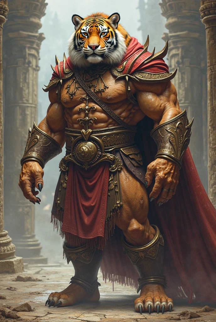 burly virile hairy man, with two wolf ears and a bushy tail, in a suit of armor, middle-aged, hirsute, overmuscular and musclebound, bulging veiny muscles, a warrior's build, a bodybuilder's physique, long bushy and a thick mustache, a square jaw, handsome and dreamy, grey hair, a gladiator in the arena
