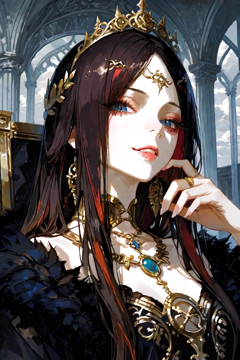 Create a frontal and highly detailed and dramatic portrait of a young woman. She has grey glowing eyes, brown hair and is in a dimly lit, elegant room that exudes a sense of power and foreboding. She is dressed in a flowing black gown that reaches the floor, adorned with silver details. She wears a black breastplate that covers her chest, giving her a regal yet armored appearance. Her long hair is styled in a way that complements her queenly attire, and she is adorned with silver jewelry, including a glowy crown that sits majestically on her head. Her expression is serious and authoritative, with a hint of melancholy. The overall atmosphere should be dark, intense, and gothic, emphasizing Naomi's role as a queen who bears the weight of her past and the power she now holds.