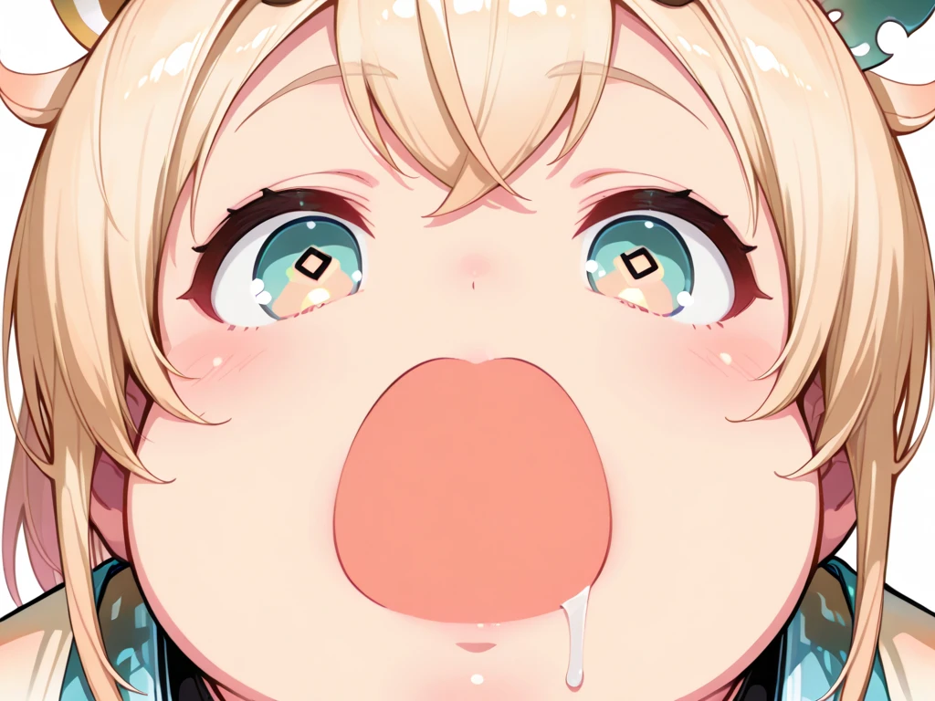 one eye covered, sharp teeth,eye covered by hair, Evang Evang Evang Evang Evang Evang Evang Evang Evang masterpiece, best quality, solo, kanna(blue archive), blonde long hair, animal ears, blue eye, collared shirt, , face portrait, (tears:1.1), frown, white simple background, pov, looking at viewer, , blush, open mouth, big mouth, tongue, tongue out, close up, saliva, uvula, uvula, room, mouth focus, excessive saliva, giantess, selfie, huge mouth, nude, indoors, large tongue, long tongue