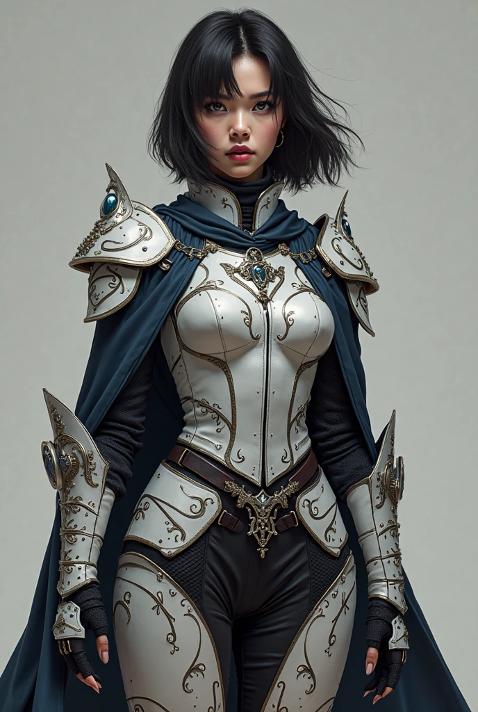 ((artwork, best quality)), ultra detailed,1girl, ((fullbody)),standing pose,muscular body, armor, dark armor,big tits,tomboy,smile,boots,cloves,cape