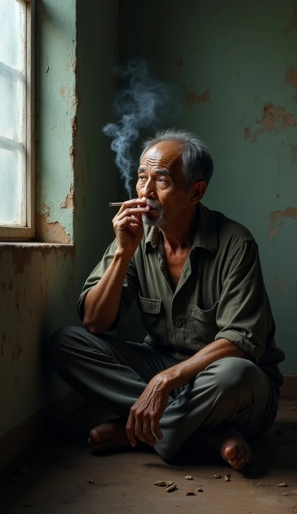 8K, masterpiece, ultra sharp focus, depth of field, ultra HD, best quality, A portrait photo of an old man, 10, slightly white hair, brown skin, sitting next to the rotten wooden window, ((the details of his facial wrinkles are clearly visible)). detailed eyes, detailed skin texture, detailed facial wrinkles. 
He is smoking and looking towards the window, wearing an open shabby checkered shirt, clearly see his skinny body, there is slightly smoke around the room, ((dramatic lighting, side windows lighting)). (((close up photo))), in a room full of peeling wall paint, make it vignette, ponder gesture, vintage color grading