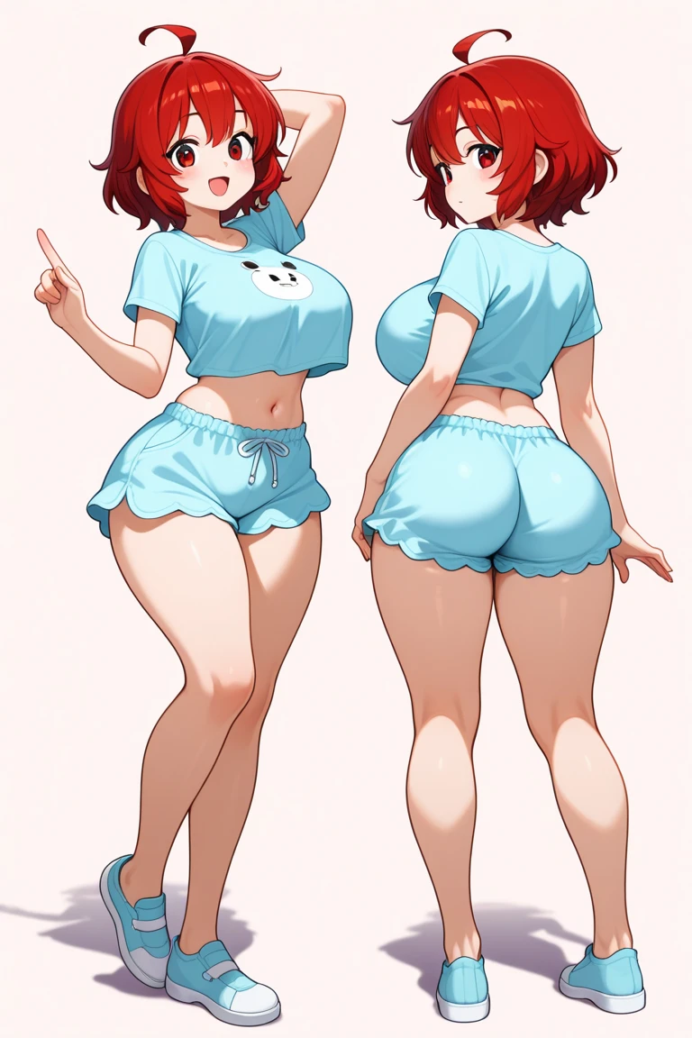 A girl's personality change, (hotify:1.2),27 years old,Reference table, (role conception, front, Back, side) High,Red_hair,short hair, detailed hair, Smile,White shirt,Only shirts,short blouse, big breasts, (wide hips:1.2), Blue leggings, leggings, perfect eyes, blue eyes,delicate eyes, belly button only, Free your hands, intricate details, best quality,1 girl,ultra high resolution, whole body, Multiple views of a character in the same costume, simple Background, white Background