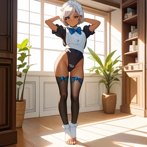 (Masterpiece), Best Quality, ultra-detailed,  1girl (Secelia Dote, naked body, short hair, dark  skin, blue eyes, half-closed eyes), smirk, parted lips, solo, maid (black), frill, apron, maid headdress, ultra mini skirt, black lace thighhighs, garter belt, in the livingroom,table, against the table, hands on table, standing, spread legs, Sexy waist teasing, come-on, temptation, hips pov, looking back , full body 