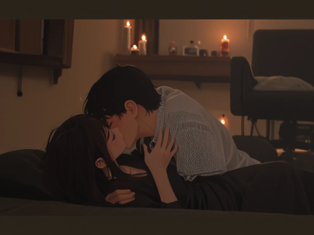 a close up of a person laying on a floor with a person kissing, kissing together cutely,