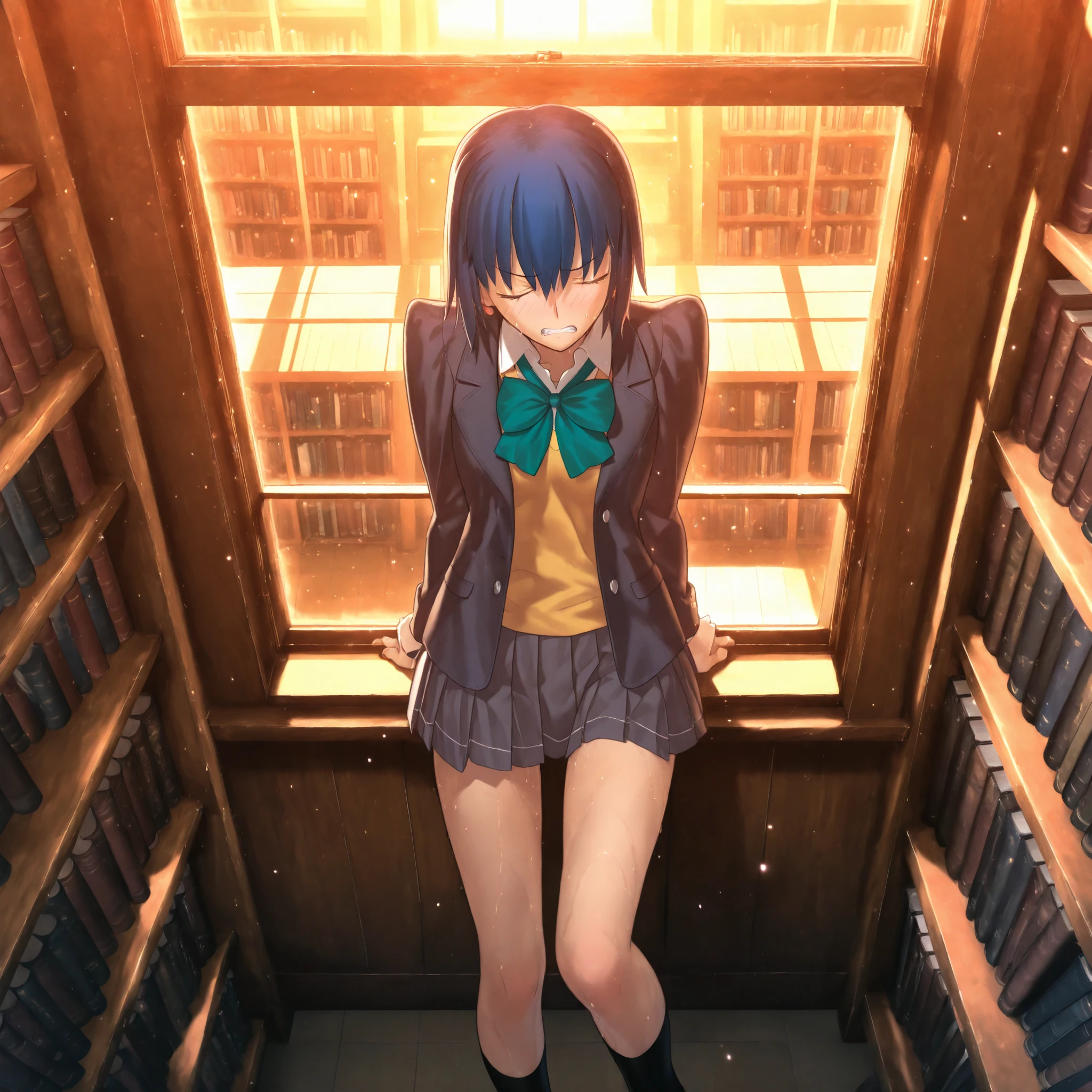 masterpiece, , absurdres, highres, detailed background, high resolution, masterpiece, necessary, detail, best quality, quality, necessary, details, High details, Precise, 8k, indoors,(library, colorful light particles, powder light,),(from behind), ((from above)),
1girl, , koyama hirokazu (type-moon) style, ,Takeuchi Takashi style, (aged up),((very long legs)),(leaning on window),(panties shot, white panties ), (covering crotch), clenched teeth, angry, sweaty cameltoe, head tilt, hip up ,
very tall girl, girl, (slender body, slim arms, slim bod), solo, el3gymaster ,ciel \(tsukihime\), (closed eyes), blue hair, ,short hair, ,(,school uniform ,open jacket ,green bowtie ,yellow knit, white undershirt ,grey skirt ,pleated skirt ,socks),black socks, small , facing down, ,,light embarrassed, , , , , ,