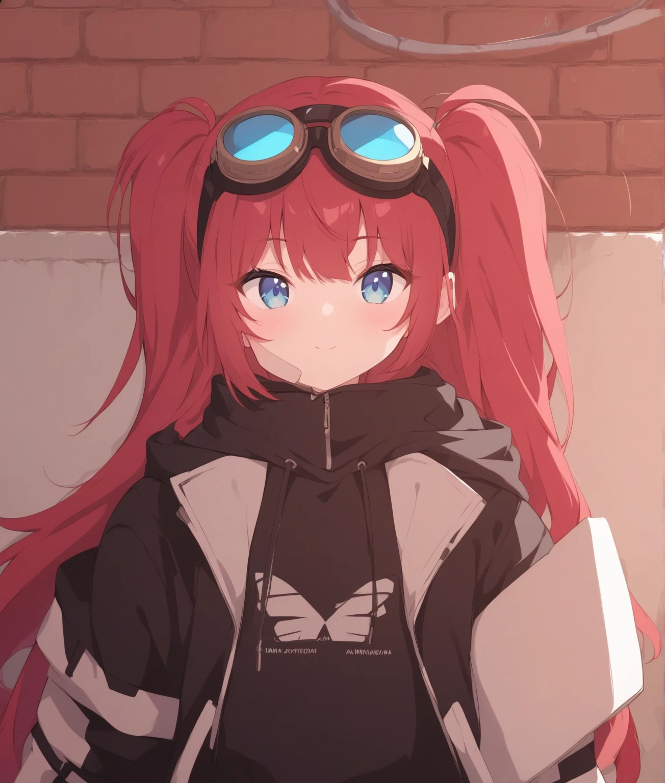 masterpiece, highest quality, 1 girl, alone, looking at the viewer, chest, cyberpunk watson, horn, Eye Patch, Jacket, black hat, gloves, single mechanical arm, body suit, Mechanical legs, black Jacket, outdoor, smile、blush、wariza 