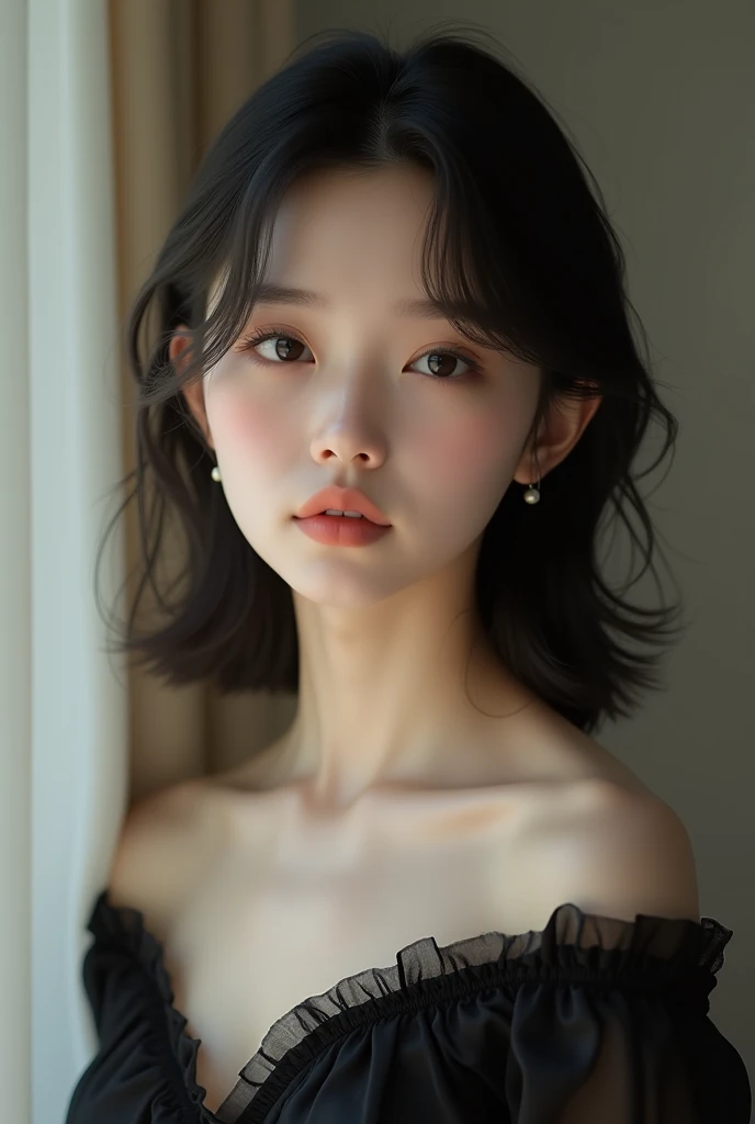 (masterpiece, Highest quality, Highest quality, (Close-up photo: 2), ((One person)), Fair skin, (((Mouth closed))), Small eyes, (Highly detailed face), Look straight, Extremely detailed eyes and pupils, ((Bare Chest筋)), ((Bare Chest)), Naked head, Nude Dress, (((Exposing shoulders))), Symmetrical frame, ((Strapless)), (smile), ((Symmetrical pose)), View your viewers, (((View your viewers))), (Symmetrical face: 1.6), 35mm, Simple gray background, ((Studio Lighting)), No watermark, ((Medium wolf cut black hair)),