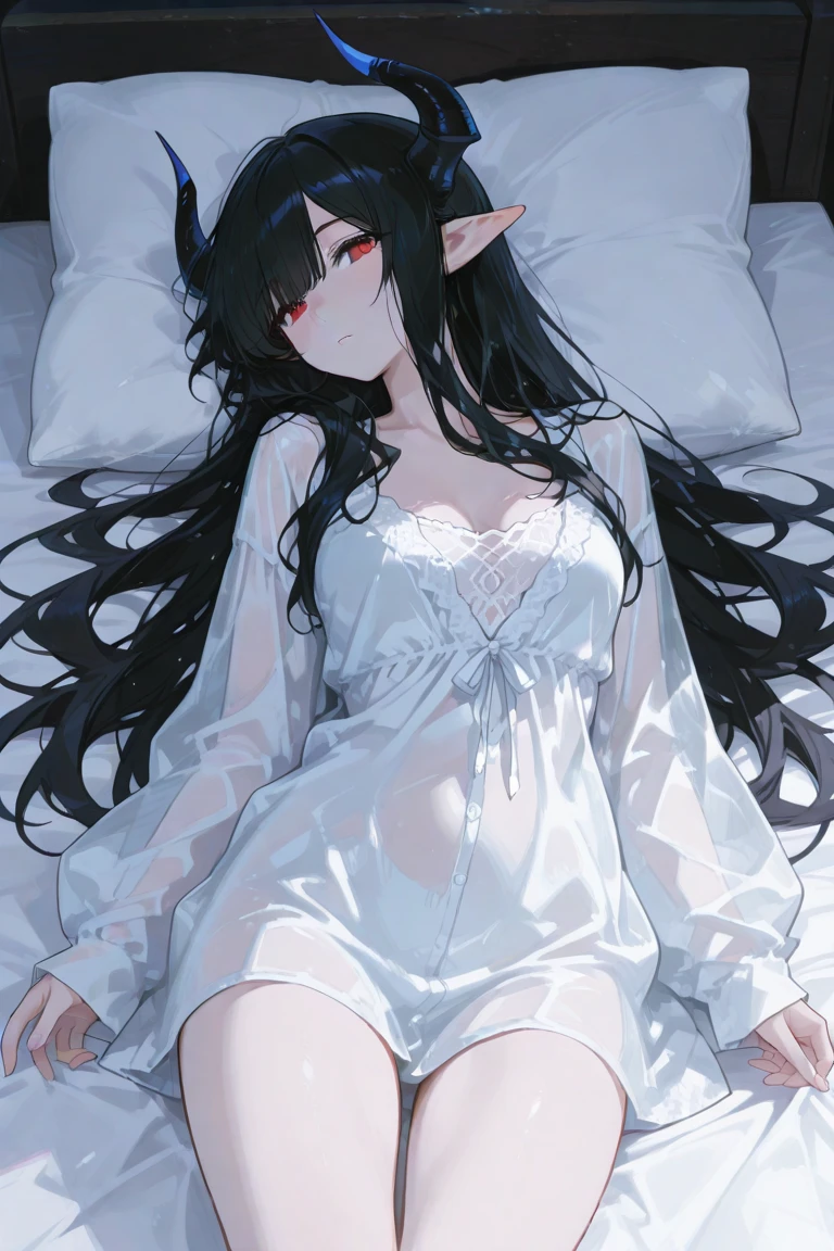 bright yellow eyes underneath, long eyelashes, long black hair, one shorter strands sticking up on the top of the head, white horns coming out of the side of the head curving toward the face, black wings coming out of the lower back, white wedding lingerie, white robe, 5 months pregnant, laying on a bed with legs spread