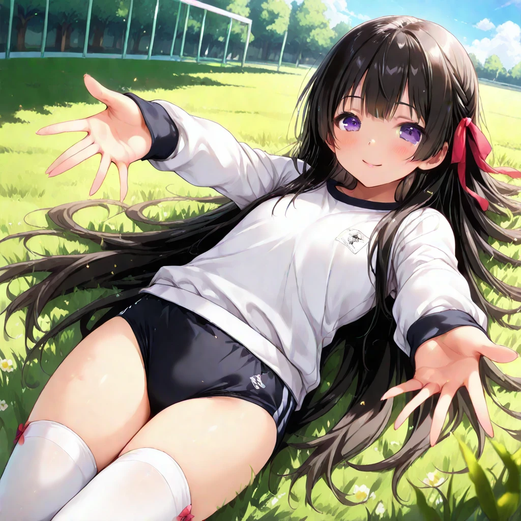 masterpiece, ultra quality, ultra sharp, ultra detailed, 1girl, solo, (((good anatomy))), haduki kurumi, (tattered torn dripping wet white gym shirt), navy gym pants, animal ears, randoseru, name tag, Japanese anime pose, laugh, BurumaShorts, Buruma, Gym Uniform, (((lying:1.4, spread_legs, legspread, split_legs, spreading legs)), (randoseru backpack:1.4), (smirk smile), buruma, blue buruma, black buruma, (cameltoe), (tattered torn short sleeve white gym uniform with colored hem), (tiny nipples), (white long loose socks), strong lighting, legspread, bukkake, cum on clothes, cum on legs, cum on buruma, cum on bloomers,