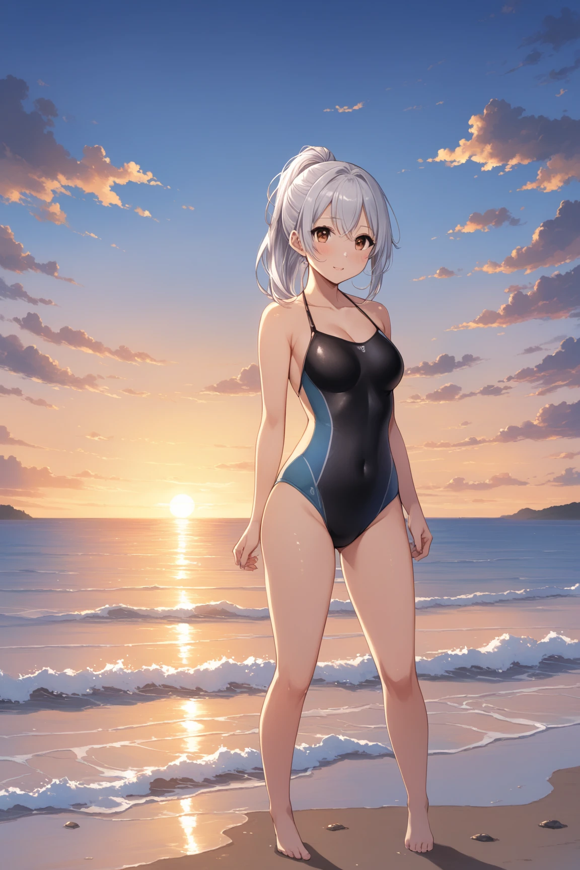ocean, water, beach, 1woman, swimsuit, solo, wading, navel, outdoors, day, waves, partially submerged, shore, madeon