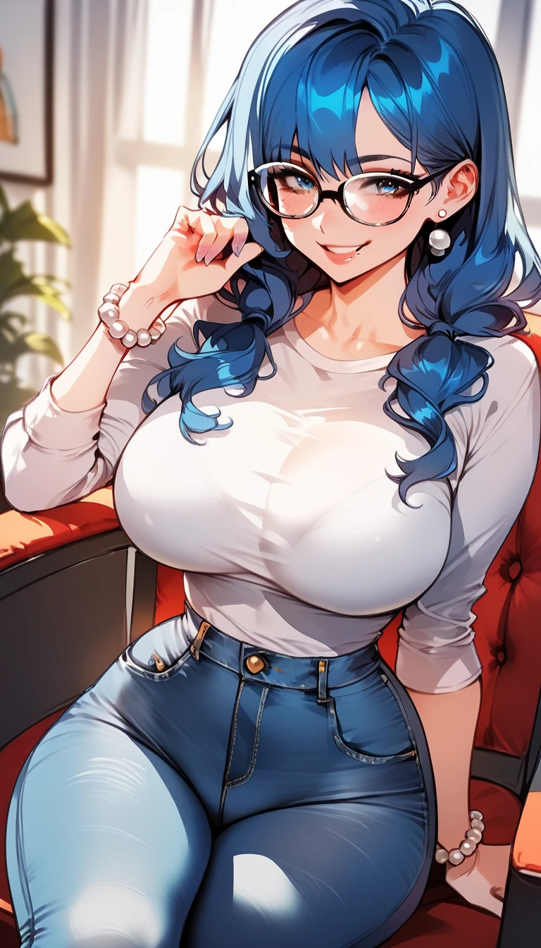 Cute sexy nervous woman with thick long messy curly blue hair with glasses with tattoo blushing with bright earrings with thick thighs and big chest in casual outfit in a bar at night with dropped jaw with butt out winking acting shy and embarrassed blushing