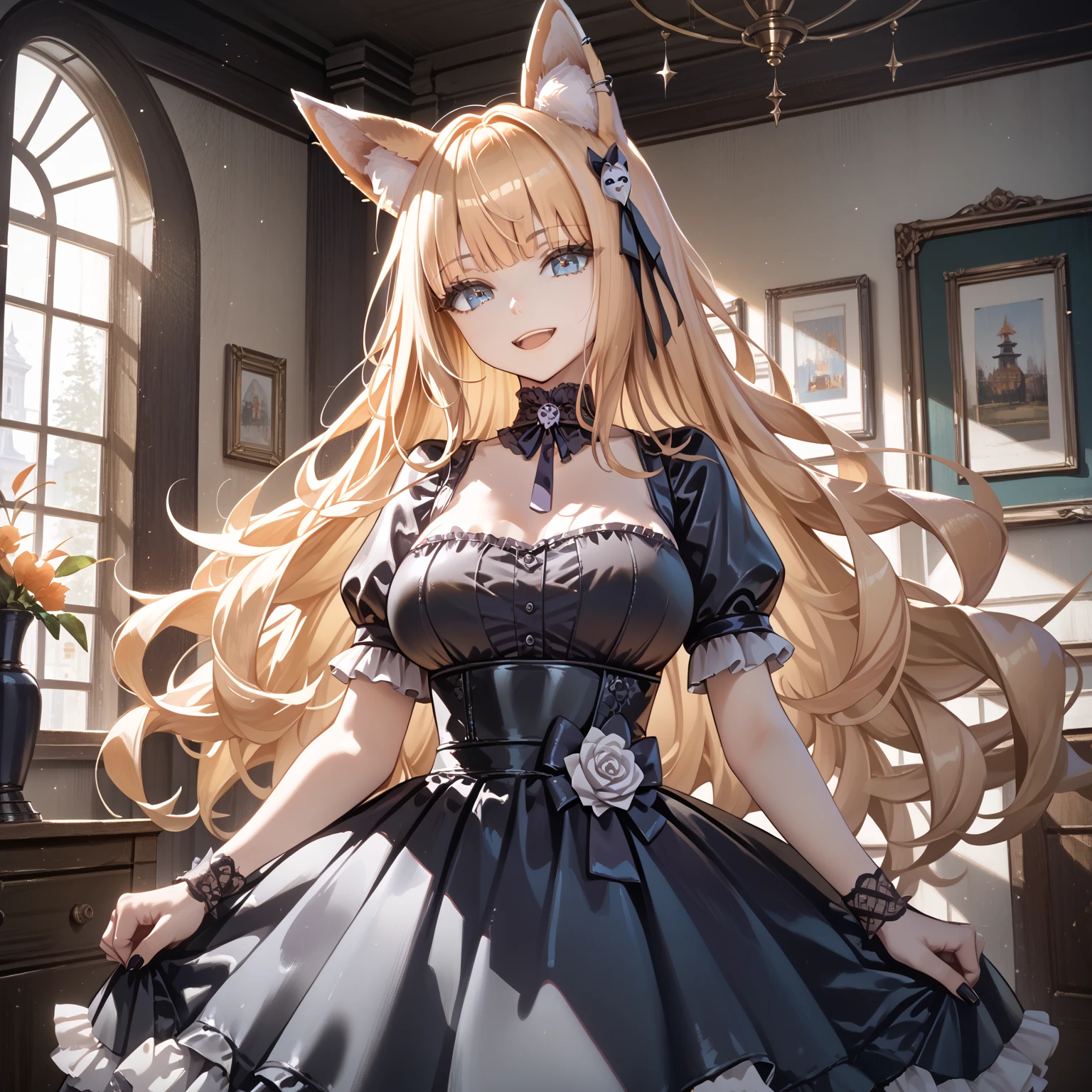 1girl, solo, animal ears, blonde hair, gloves, drill hair, long hair, cat ears, elbow gloves, cloud, bare shoulders, sky, day, red eyes, hair ornament, hands on hips, looking at viewer, lace, detached sleeves, gigantic breasts, smile, <lora:ConceptionPlus:0.6>