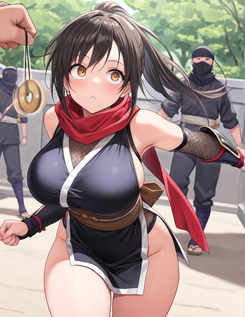 (masutepiece:1.5)、(top-quality:1.5)、(16k wallpaper:1.2)、(Photorealsitic:1.2)、(ultra-detailliert:1.2)、(超A high resolution:1.2)、(Ultra-detailed and realistic skin:1.2)、Super dense and beautiful eyes、Powerful and beautiful eyeshadow、(odd eye)、Beautiful 16 year old kunoichi、Natural Color Lip、(black half-updo hair:1.2)、(Woman in the coolest ninja costume:1.4)、(beautiful and luxurious obi:1.2)、(she is wearing a black scarf and mask)、beautiful and long legs、shuriken、kunai、Ninja Sword、(Condescending smile)、beautiful battle pose、(Surrounded by a lot of guys:1.3)、Dance beautifully、Jumping、