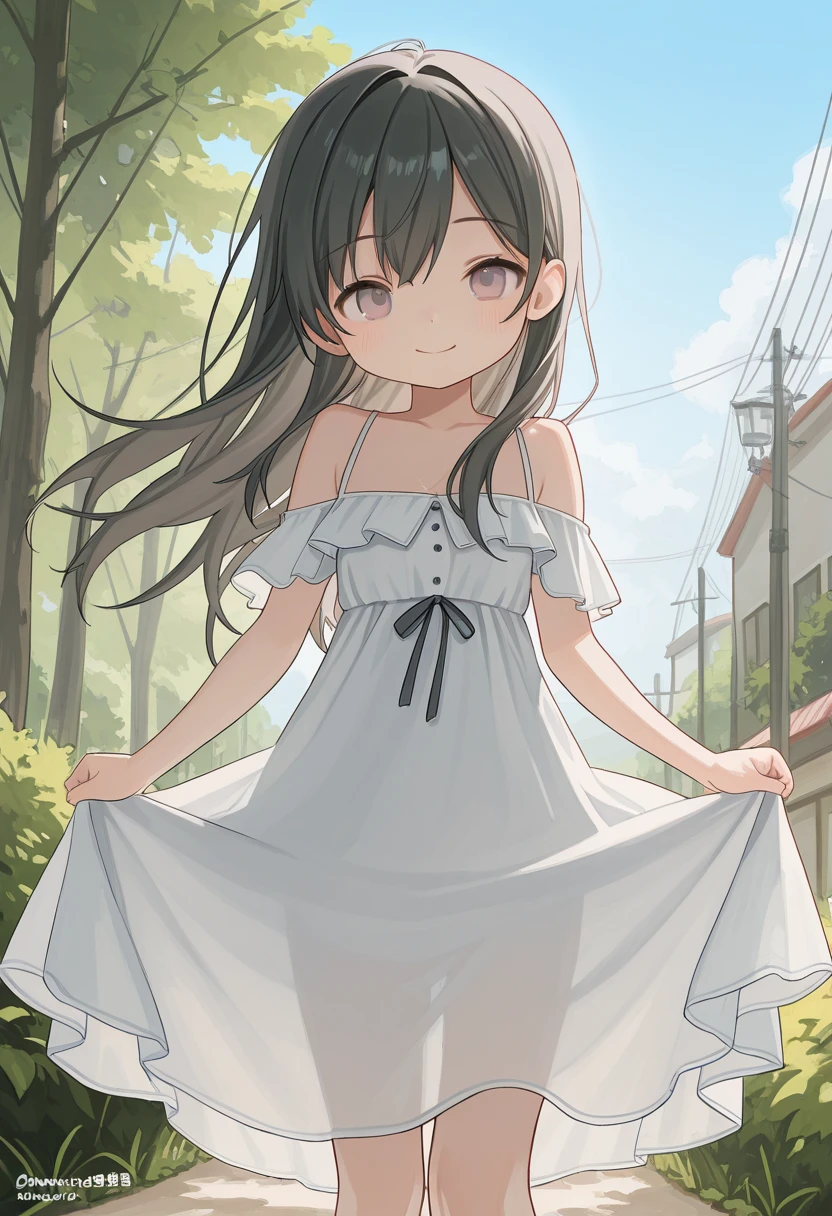 (masterpiece), Highest quality, One girl, 8-year-old, Cute girl, Flat Chest, Black Hair, Very long hair, View your viewers,
She wears a dress, White Dress, Sundress, Summer Dresses, See-through lace dress, micro short dress, micro mini dress, clothes without collar, She doesn't wear underwear, Not wearing a bra, Not wearing panties, Nipples sticking out of dress, (Erect nipples proclaiming their presence beneath the fabric), The material of her clothes is very thin、The body is clearly visible, Exposing shoulders, The clavicle is visible, Not wearing a jacket, She is wearing a sleeveless dress, Her dress is so small that her crotch is visible., The hem of the clothes is above the crotch、I can see your pussy, (Share:1.5), The length of the dress only reaches down to the waist, Not wearing a skirt, She has no pubic hair,
She stands with her legs spread, Open your knees, Very shy, Wearing a straw hat,
Behind the building, Leaning against a wall, There is a passerby behind her, blush, alley,