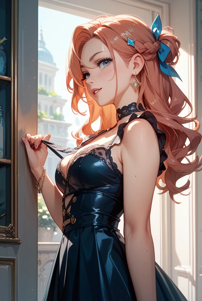 1 woman, (((((UHD))))), (((((masterpiece))))), ((((super detail)))), high details, ((((high quality)))), ((((best quality)))), (((highres))), ((((16k)))), ((Shadows)), red hair, hair over shoulder, side swept bangs, (Black Sleeveless Lace Up Bodycon Mini Dress), heart-shaped pupils, one eye closed, sparkling eyes, ((big beautiful light blue eyes)), crystal earrings, grin, bright pupils, (evil smile), natural lips, light blush, cheek-to-cheek, sparkle, god rays, backlighting, reflection light, bloom, dutch angle, perspective, from above, from behind, beautiful ass, ((fat ass)), ((defined jawline))