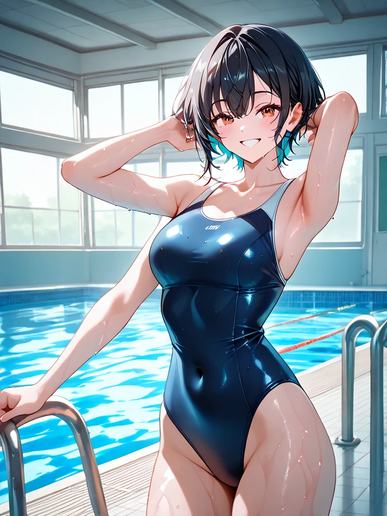 NSFW, (4+girls:1.5), (alternate athlete swimsuit pool), tanned skin, dark tanned skin, oil, abs:1.4, line up, girls in row, crowd, looking at viewer,masterpiece, top quality, ultra high definition, highest resolution, very detailed, professional lighting, clean skin, CG illustration, slender, very cute, young face, cleavage, lower breast, wet body, (breasts out:1.4), black hair, short hair, semi-long hair, hair ribbon, blue eyes, blush, lying down, open legs, legs raised, navel, from below, wet body, (breasts out: 1.4), (plastic bag 1.2), transparent swimsuit, pool, (wind: 1.3), girls playing behind, showing ass, cyberpunk background