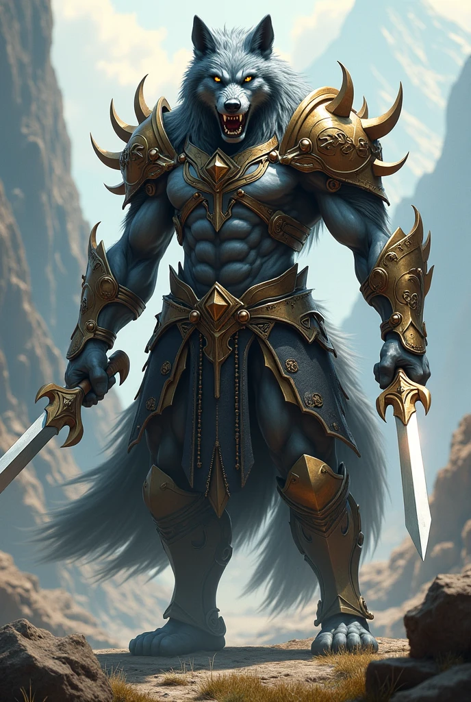 The man, a spectacle of fierce elegance, bore a vertical human eye set prominently in the middle of his forehead. In his hands, he wielded a majestic Chinese three-pointed, two-bladed long-sword, the ornate brocade of his attire whispering tales of ancient valor as it billowed in the wind. Perched menacingly on his hips was a fanged wolf king, its face a mask of unyielding ferocity, eyes glaring with the harsh intensity of thunder. The setting was a tempestuous sky, darkened by ominous clouds, creating an ominous backdrop to this dynamic scene. A masterpiece of intricate detail