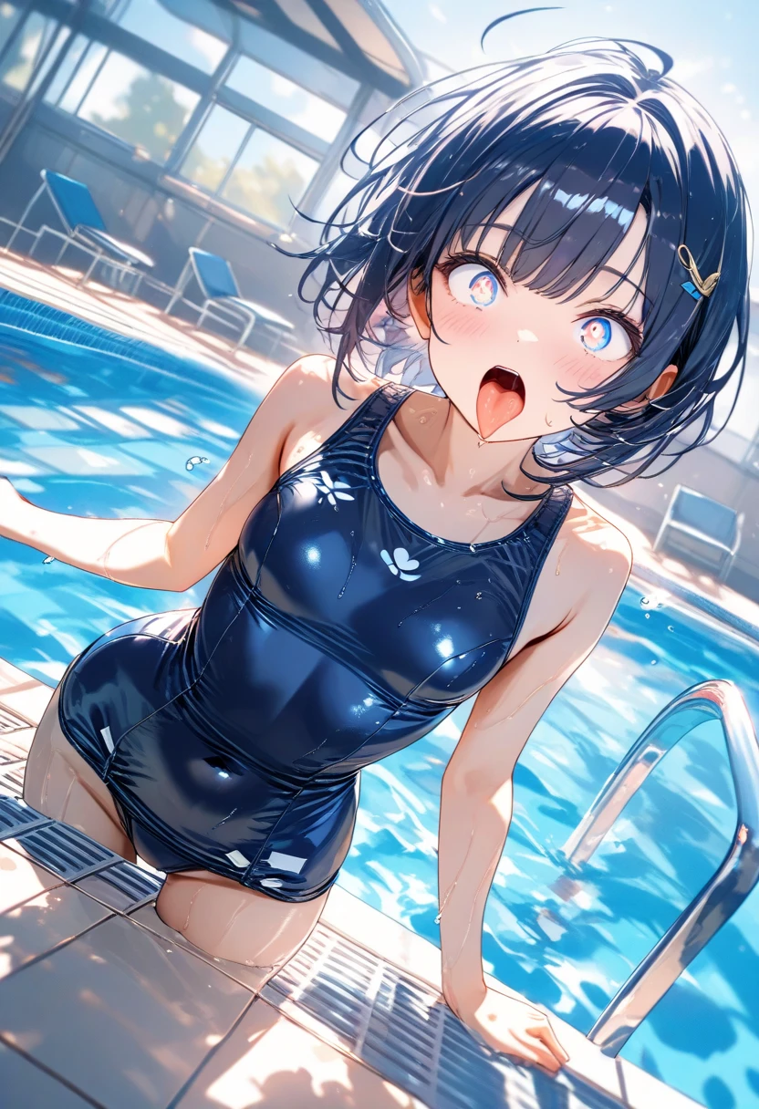 Tazune rirei, nsfw, 8k, ultra-detailed, Masterpiece, best quality, perfect lighting, aqua eyes, one eye closed, black hair, braid hair, (loli:1.5), (bukkake:1.5), (cum on face:1.5), (cum on hair:1.5), (cum in mouth:1.5), (cum on body:1.5), (flat chest:1.3), nipple peek, pink areola, 1girl, solo, sunny summer day, simple square pool, sitting on the poolside, looking at viewer, spoken heart, ((school swimsuit)), barefoot, portrait, bokeh, blush, embarrassed