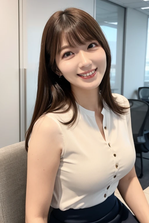 ((Highest quality)), ((masterpiece)), (detailed),Perfect Face,Japanese,Fair skin,Upper Body,Long Hair,Office Lady,Women's Ana Style,smile,Cleavage,blouse,Mature Woman